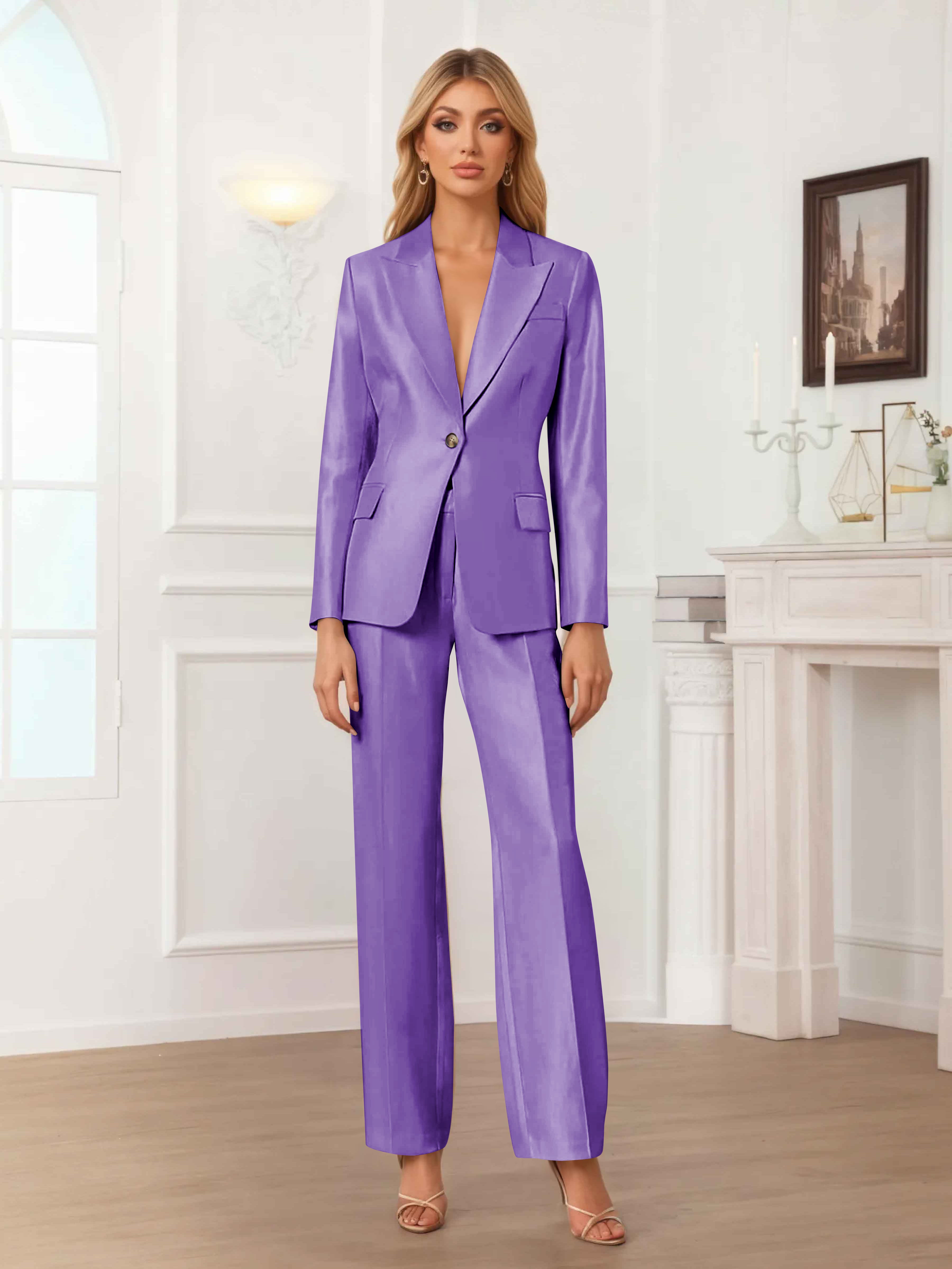 Women's 2 Pieces Peak Lapel One-Button Satin Formal Suit Set