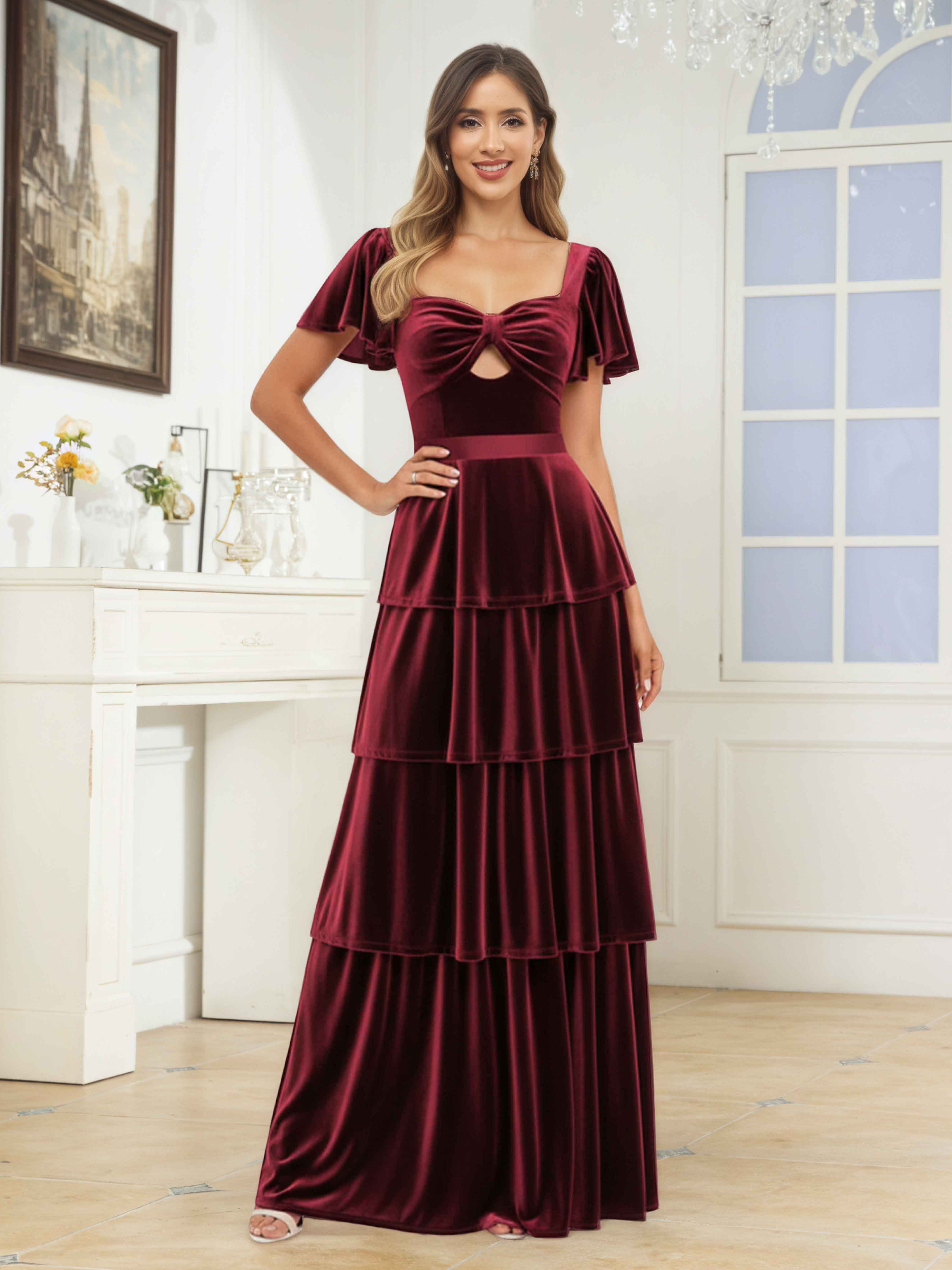 Taisia Sweet A-Line Square Short Sleeves Floor Length Velvet Bridesmaid Dresses