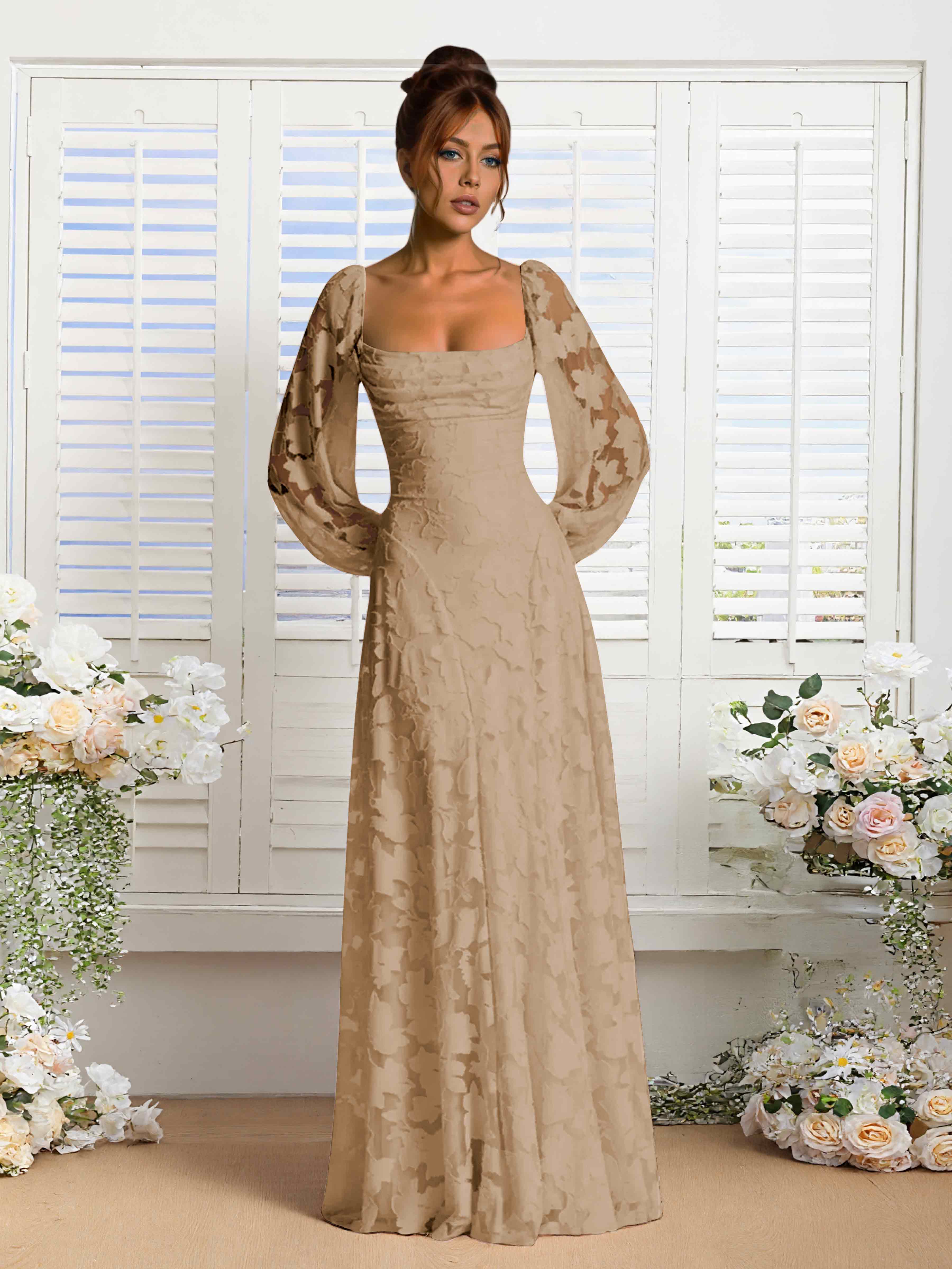 Xandra A-Line Long Sleeves Floor Length Floral Lace Formal Dresses