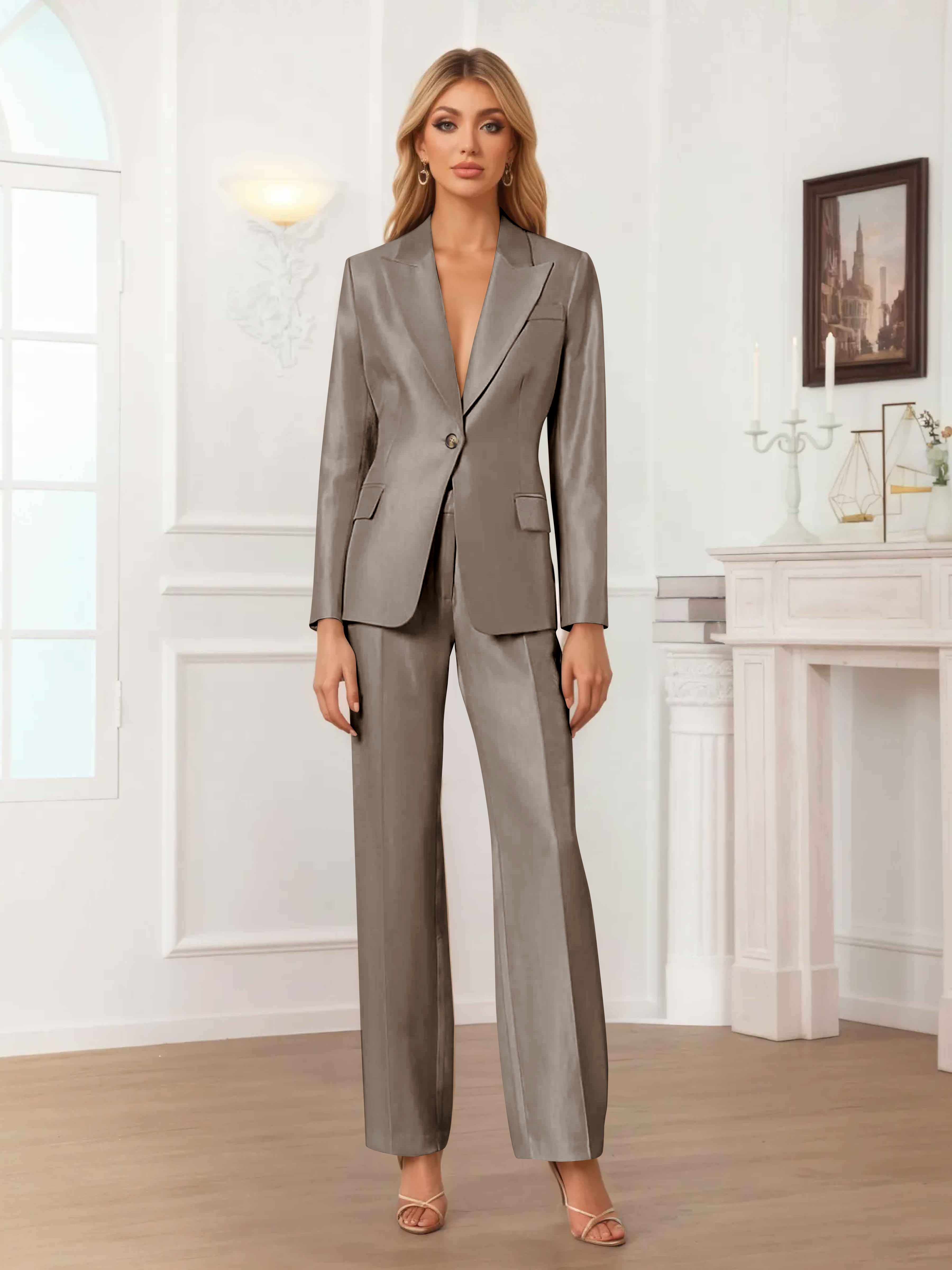 Women's 2 Pieces Peak Lapel One-Button Satin Formal Suit Set