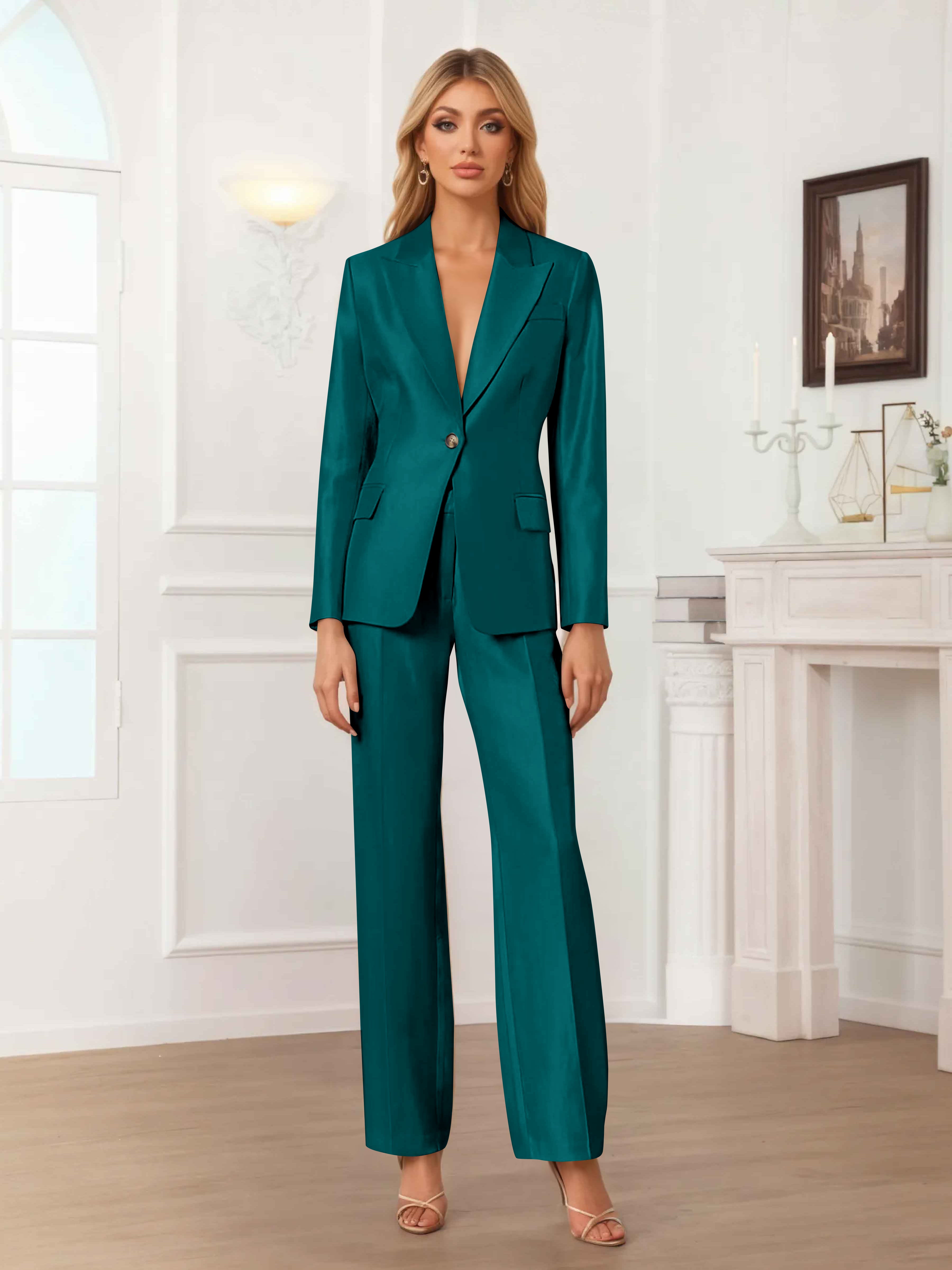 Women's 2 Pieces Peak Lapel One-Button Satin Formal Suit Set