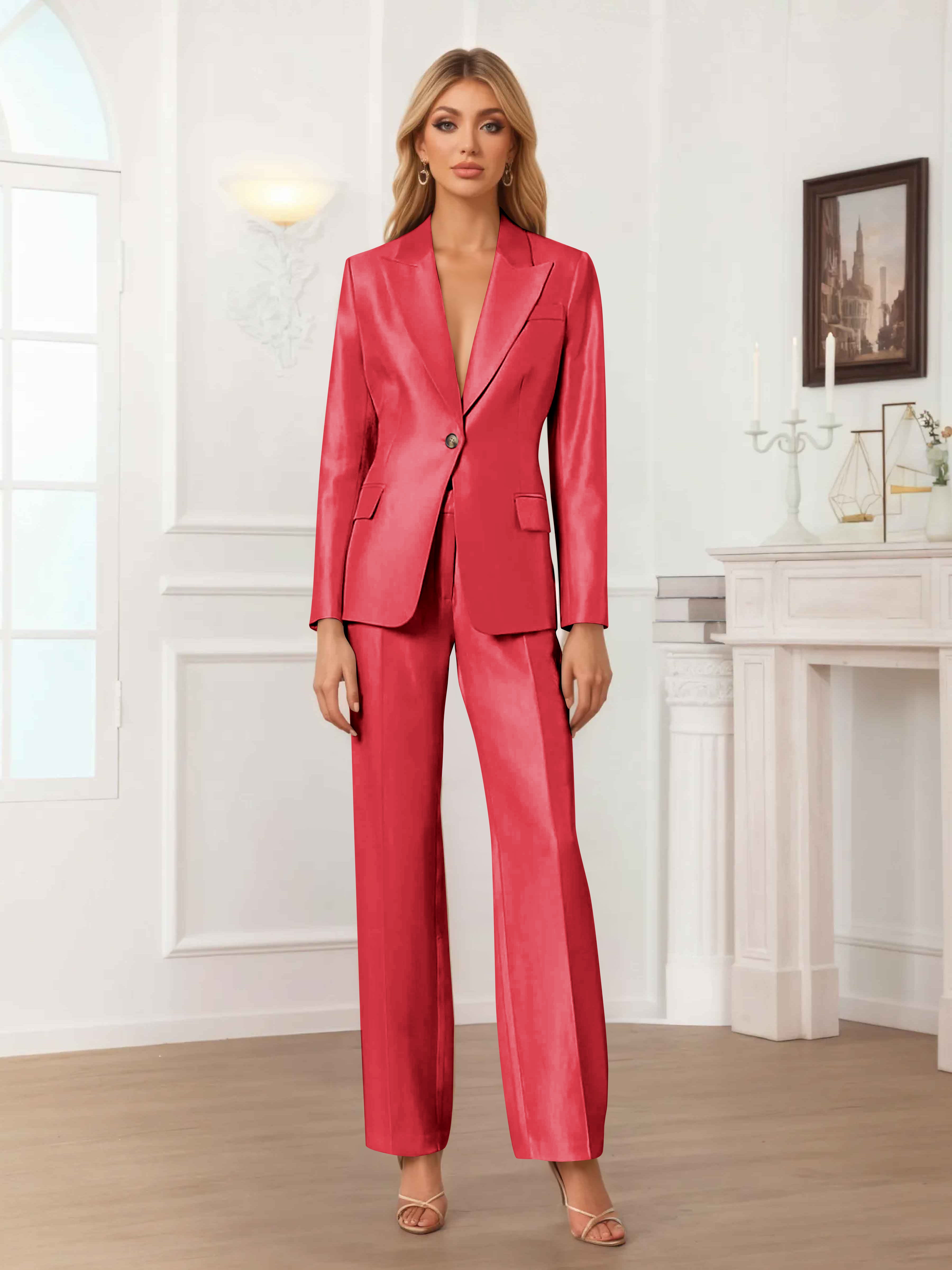 Women's 2 Pieces Peak Lapel One-Button Satin Formal Suit Set