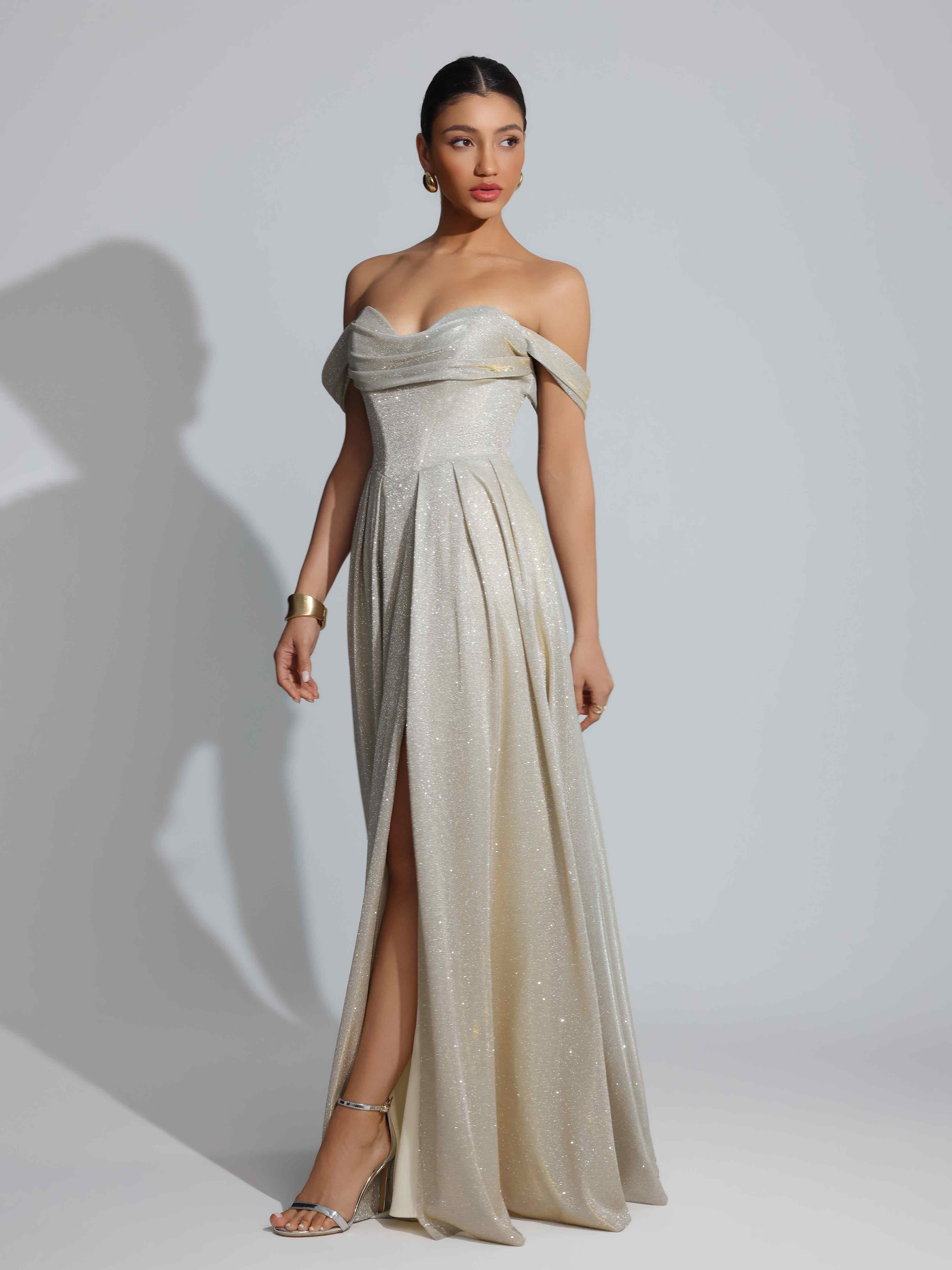 Traelith Enchanting A-Line Off the Shoulder Pleated Slit Long Glitter Prom Dresses