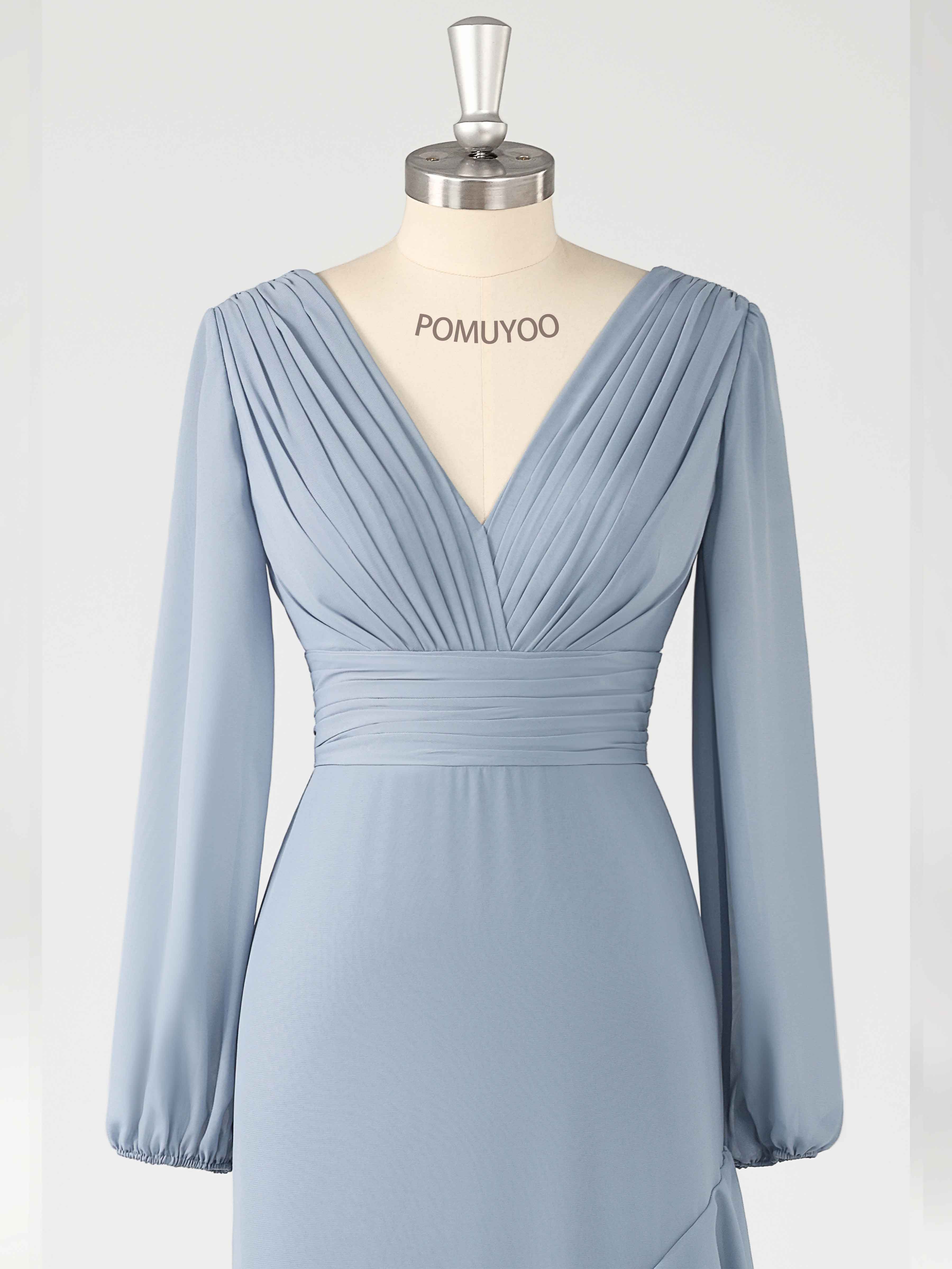 Trendy Long Sleeves Pleated Ruffles Floor Length Chiffon Bridesmaid Dresses