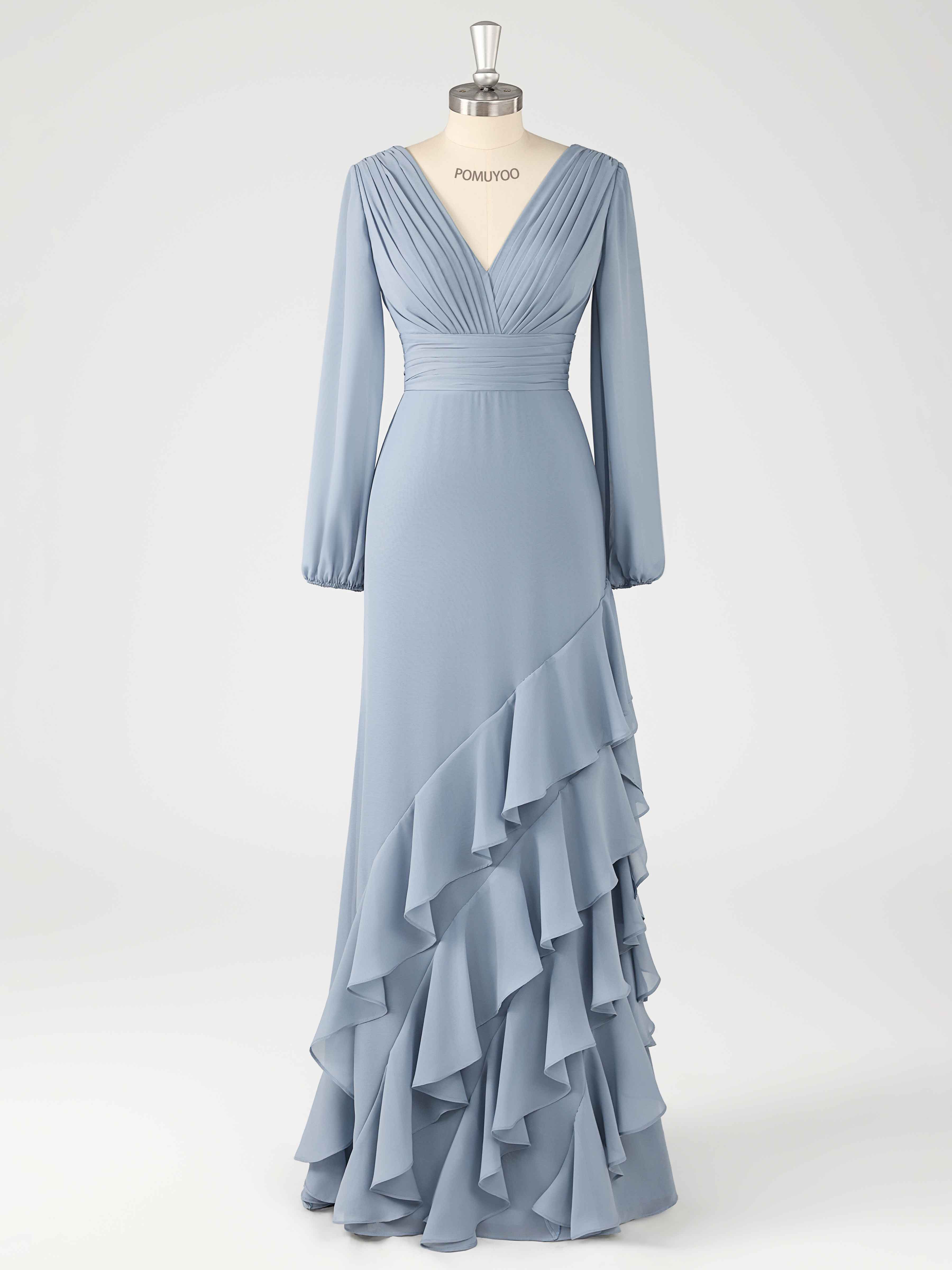 Trendy Long Sleeves Pleated Ruffles Floor Length Chiffon Bridesmaid Dresses