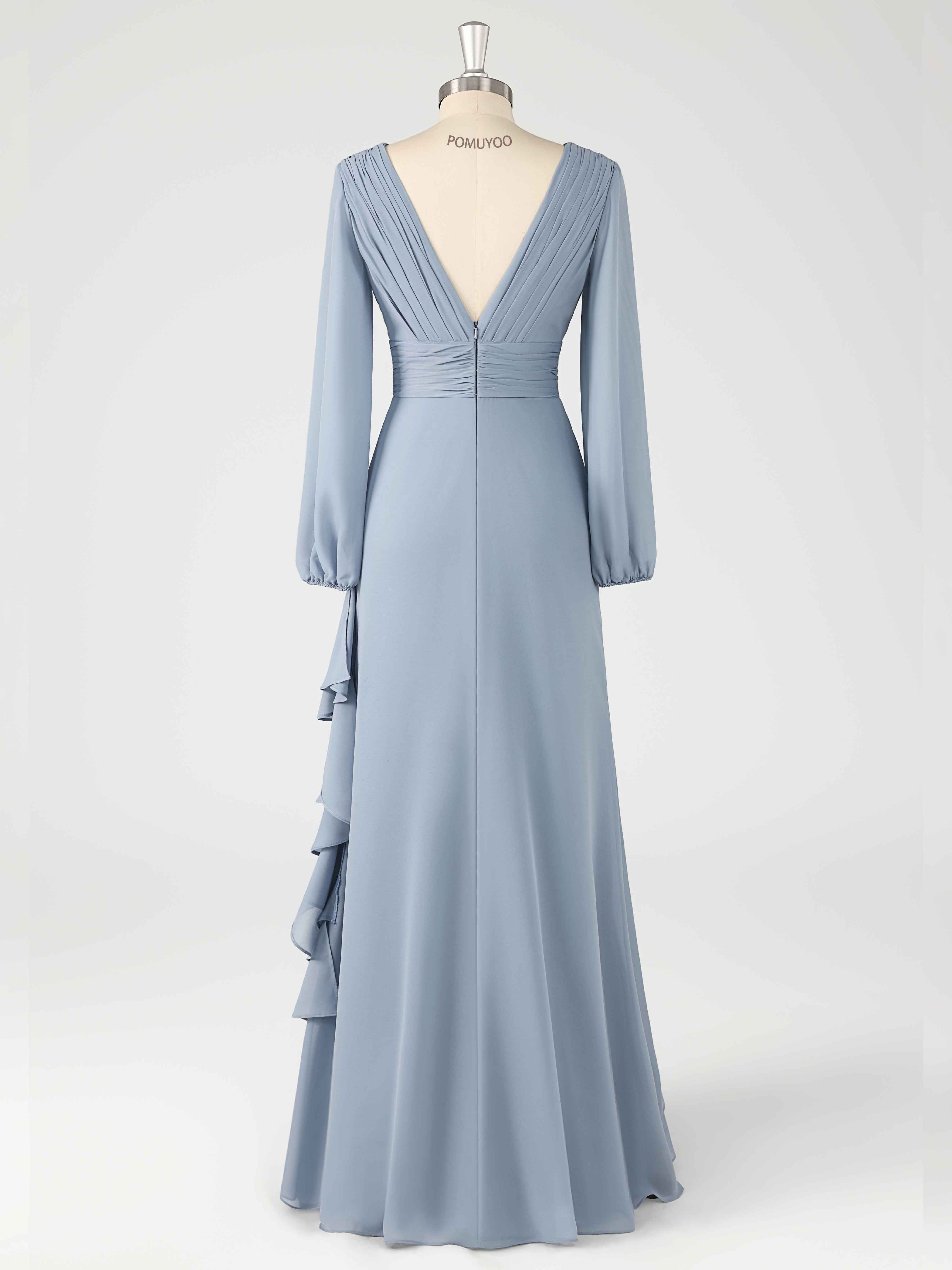 Trendy Long Sleeves Pleated Ruffles Floor Length Chiffon Bridesmaid Dresses