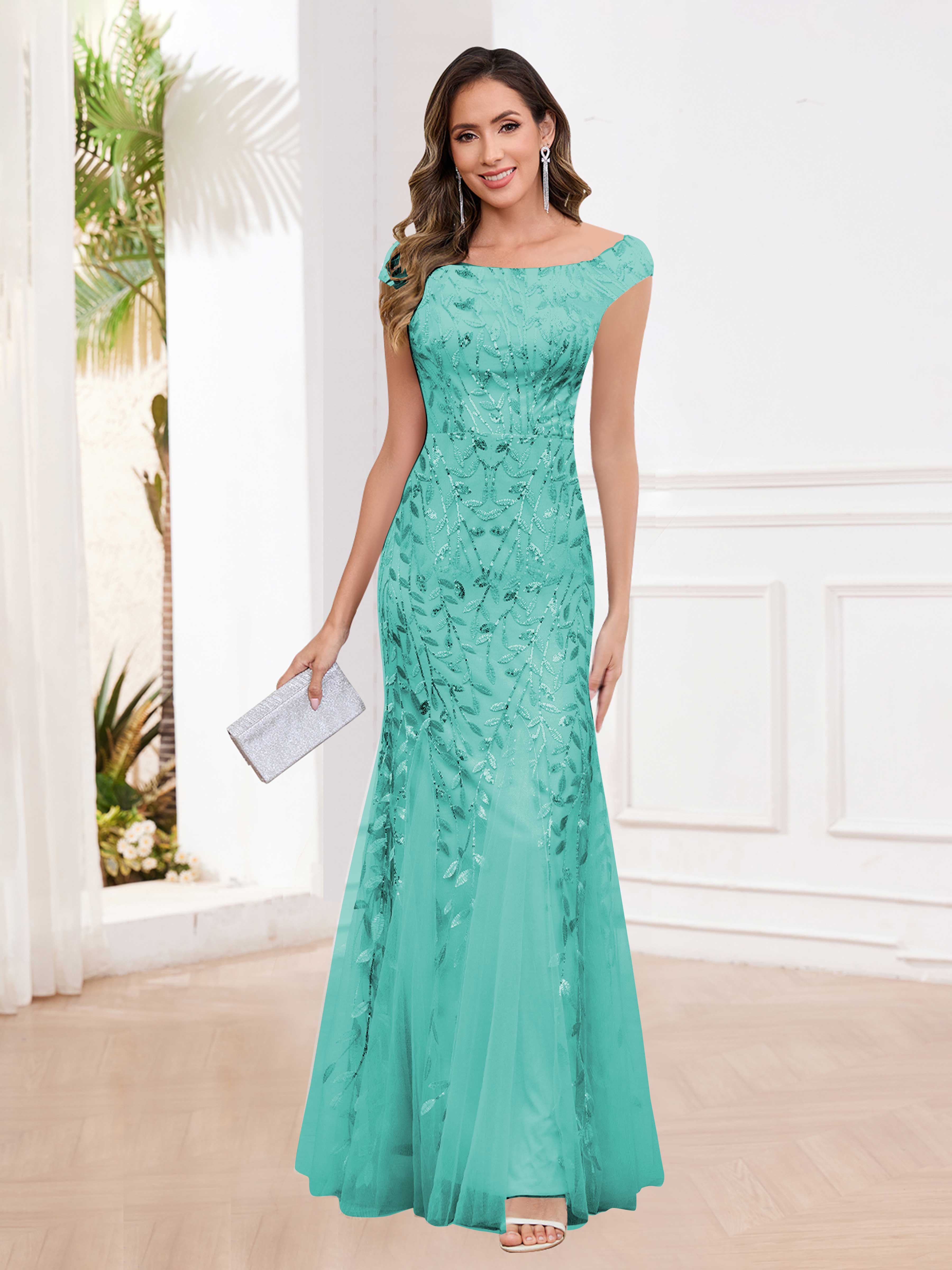 Aelindra Modern Sheath Leaf Sequins Long Mother of the Bride & Groom Dresses