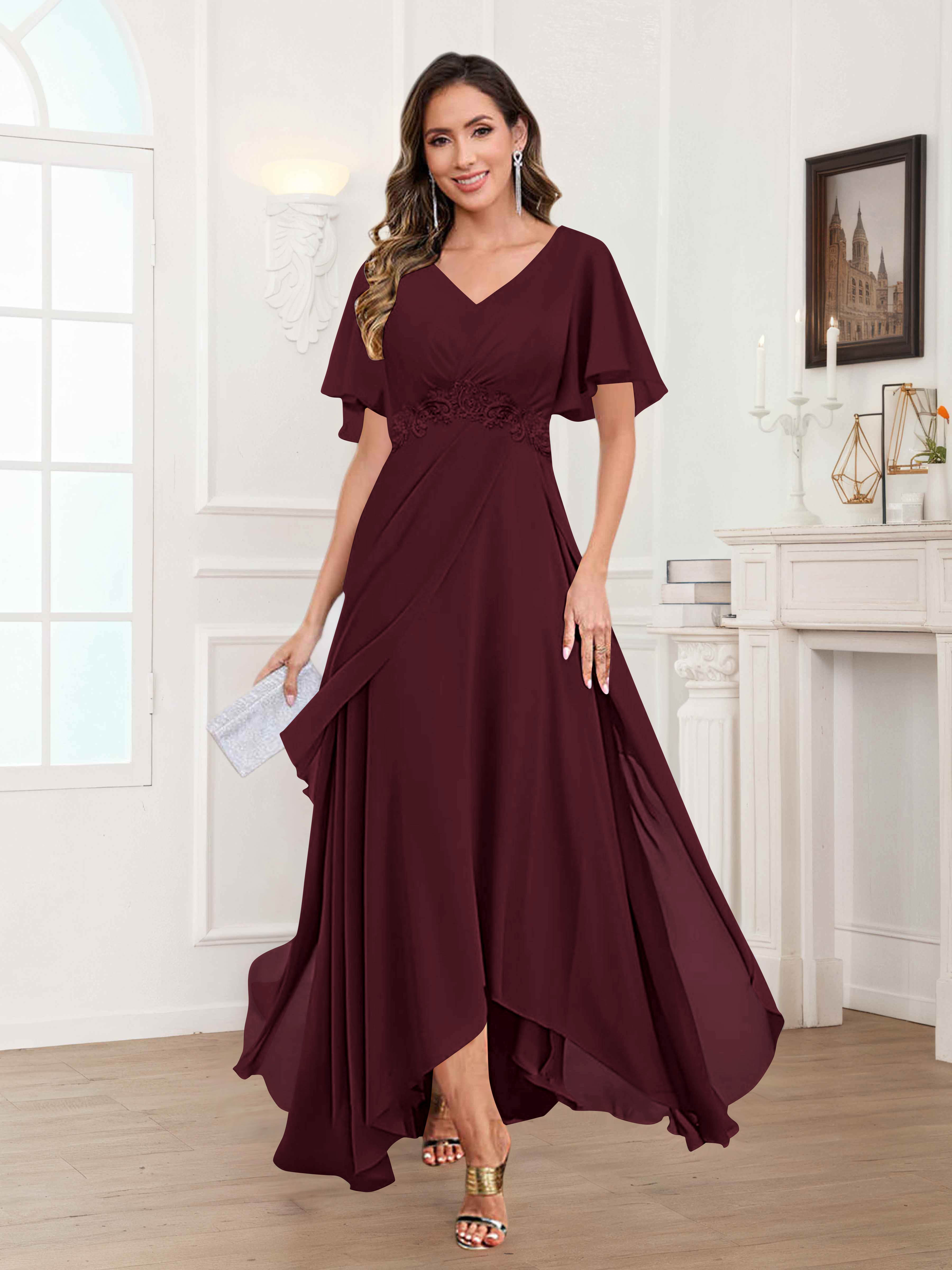 Ulyana Modest V Neck Ruched High Low Chiffon Mother Of The Bride Dresses