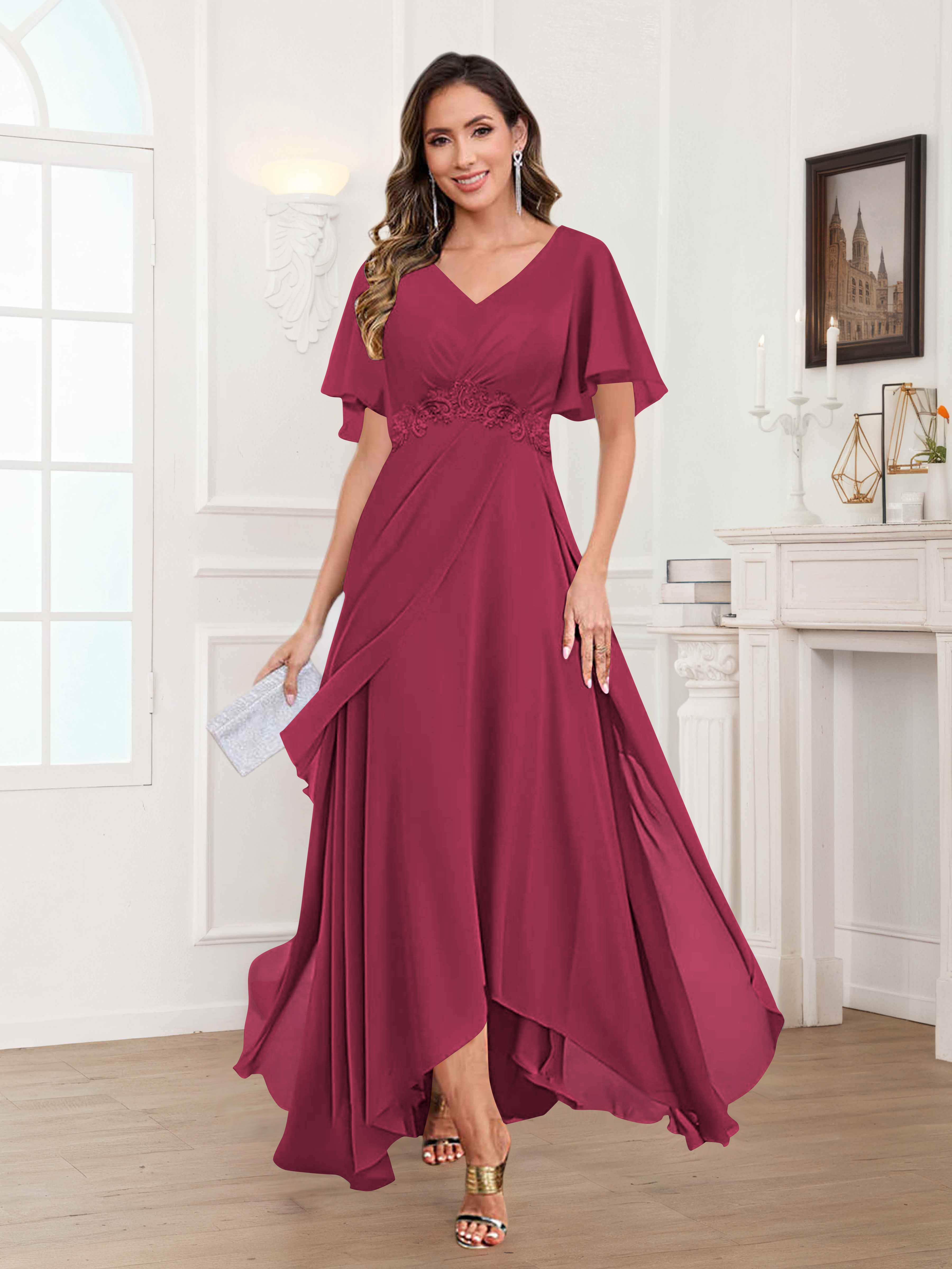 Ulyana Modest V Neck Ruched High Low Chiffon Mother Of The Bride Dresses