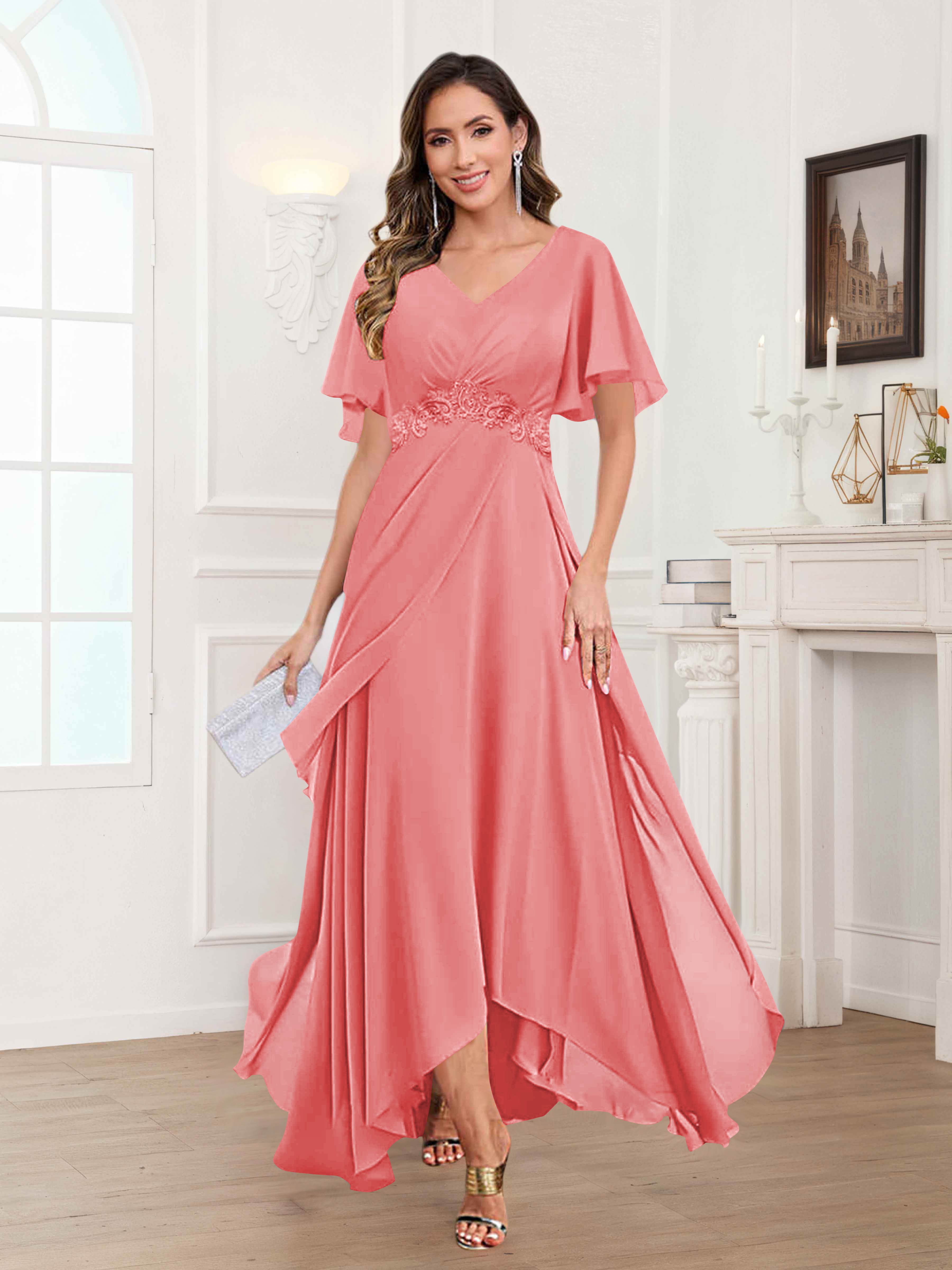Ulyana Modest V Neck Ruched High Low Chiffon Mother Of The Bride Dresses