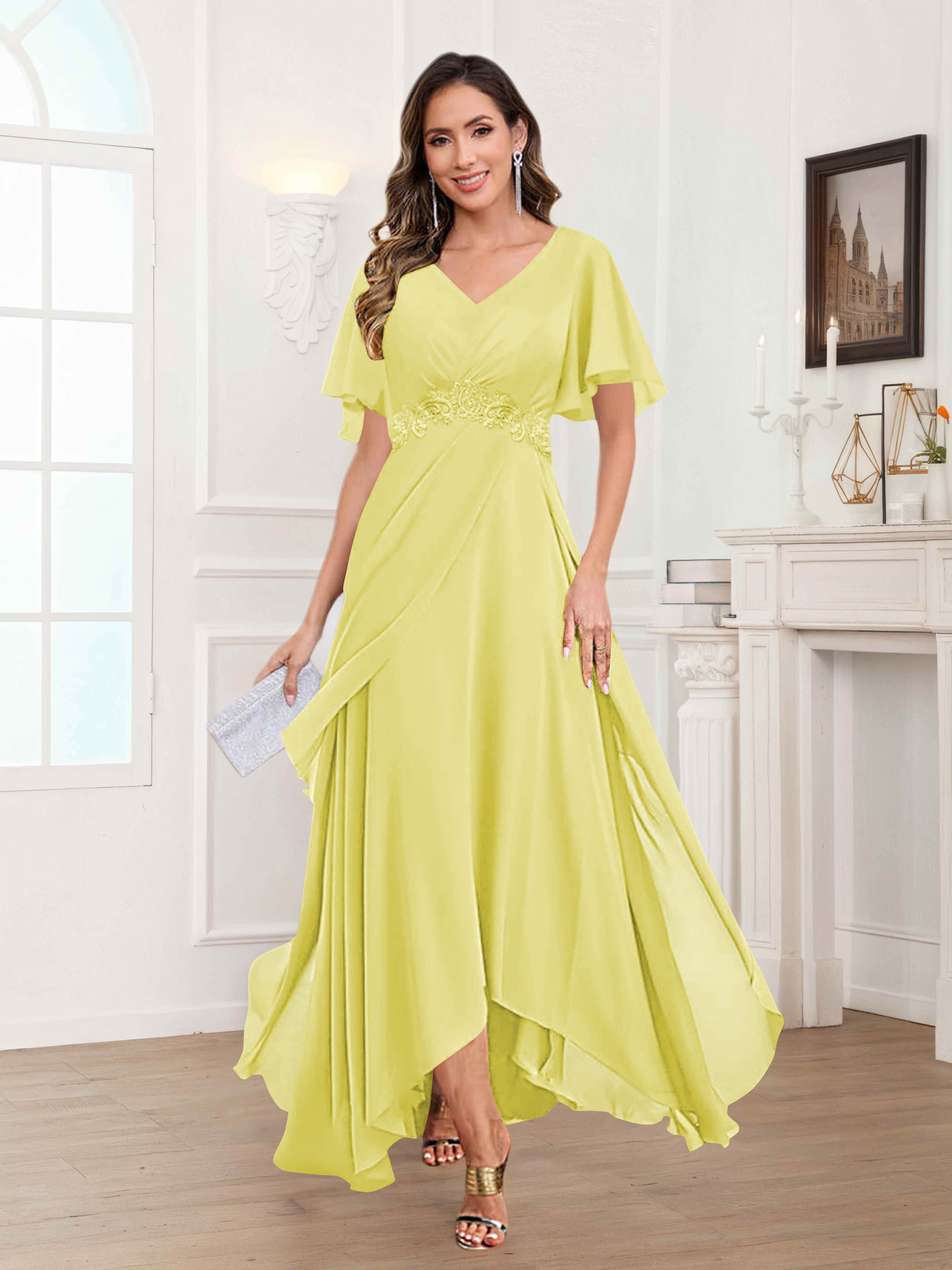 Ulyana Modest V Neck Ruched High Low Chiffon Mother Of The Bride Dresses