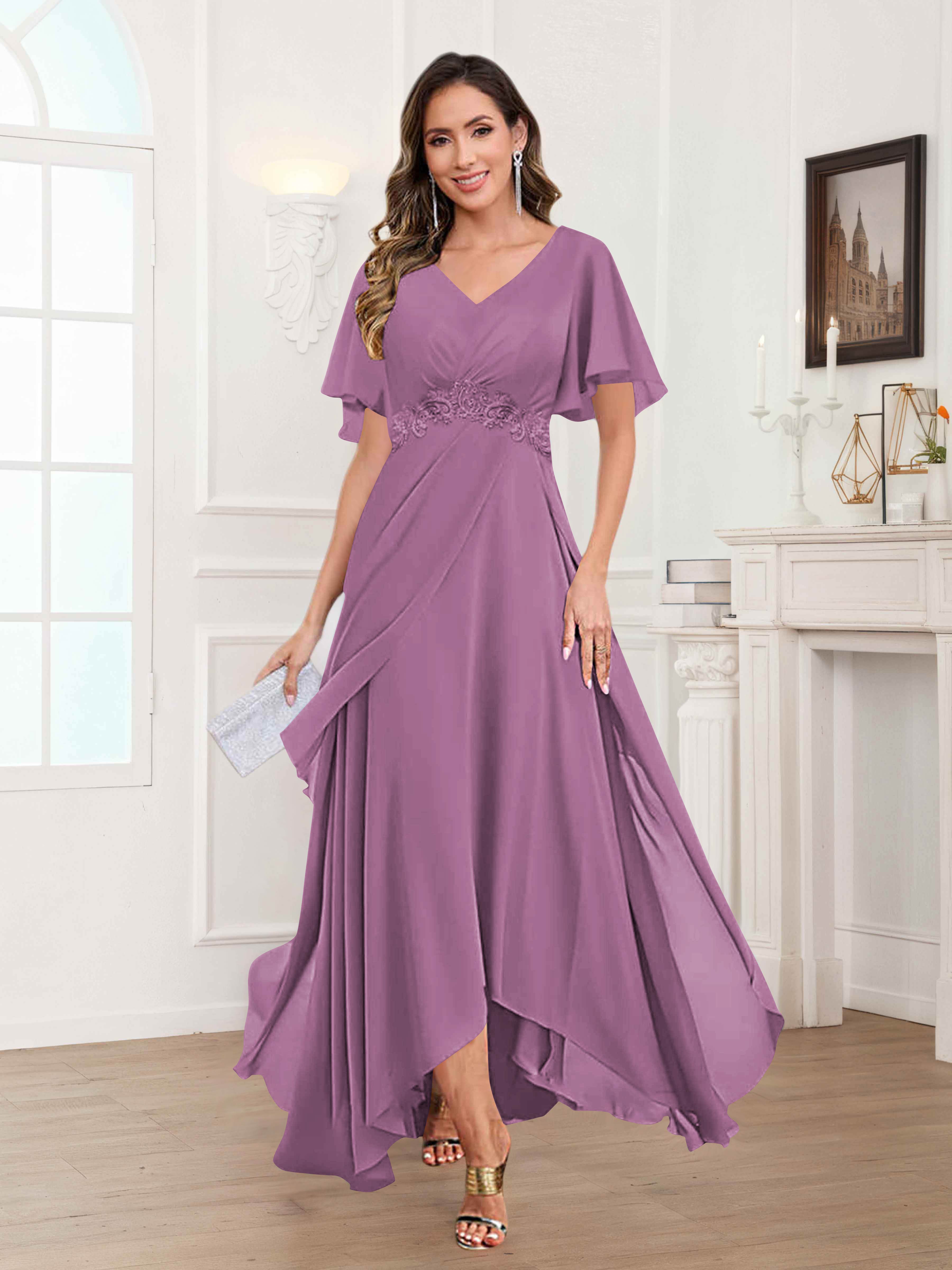 Ulyana Modest V Neck Ruched High Low Chiffon Mother Of The Bride Dresses