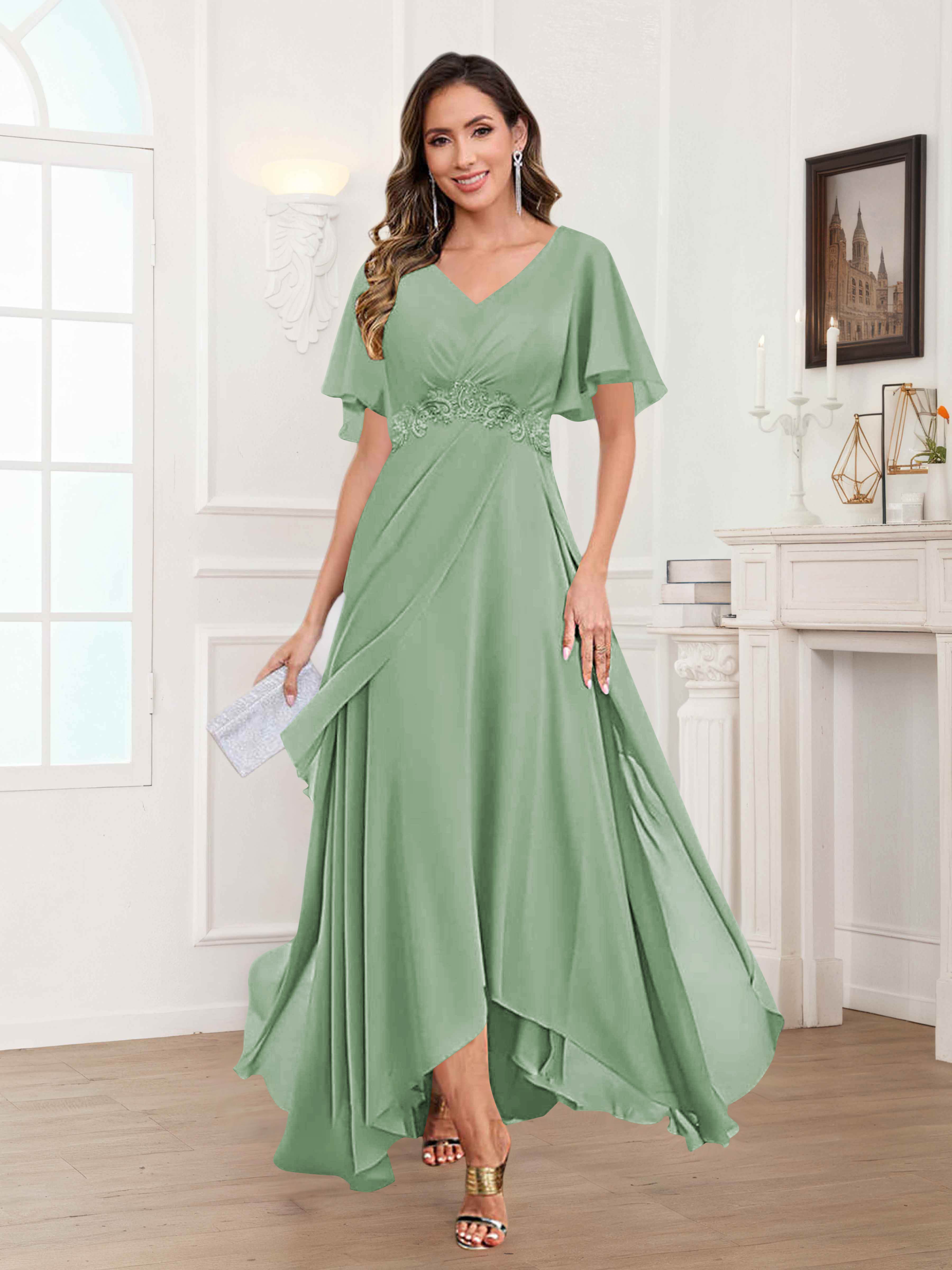 Ulyana Modest V Neck Ruched High Low Chiffon Mother Of The Bride Dresses