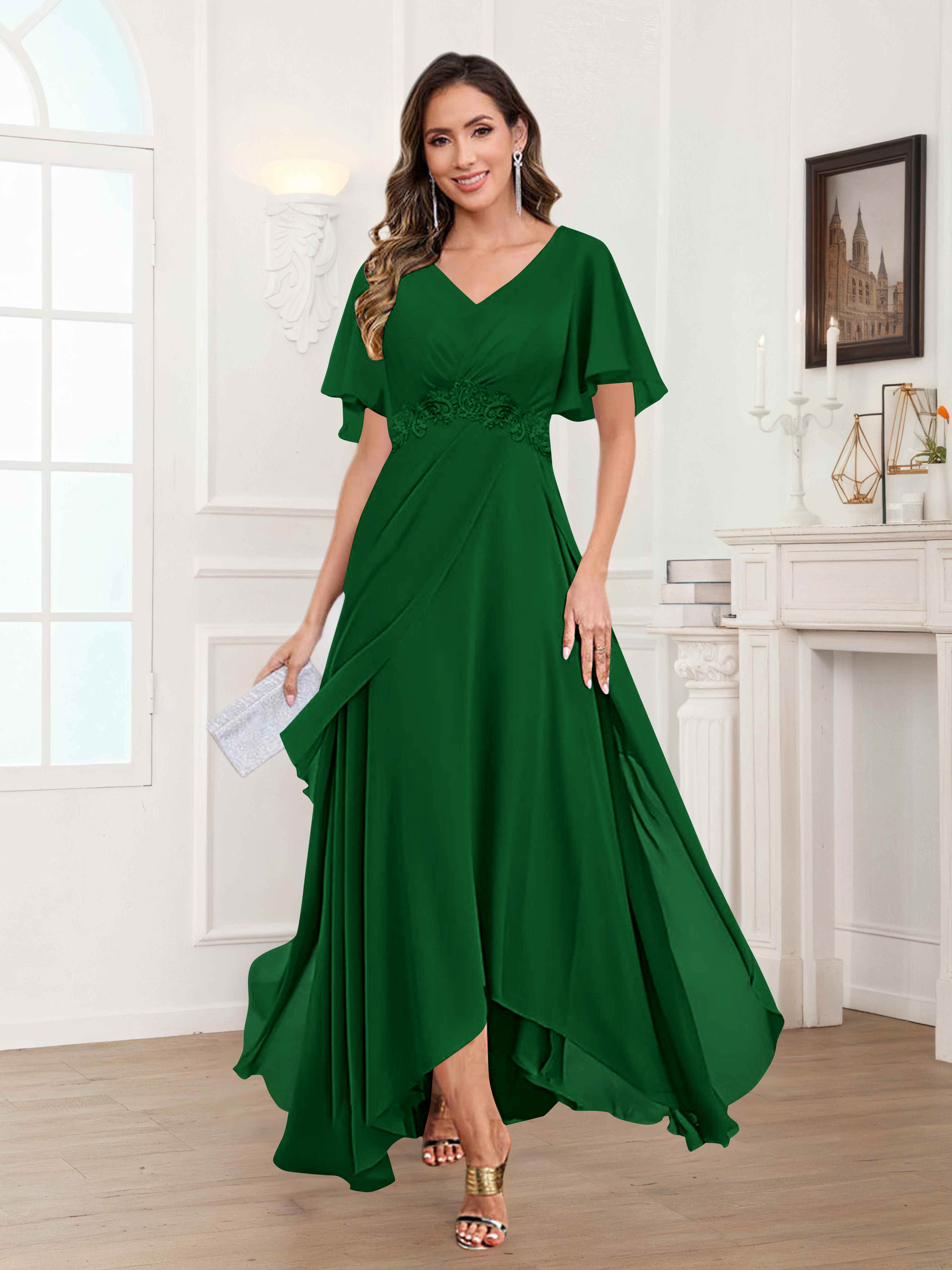Ulyana Modest V Neck Ruched High Low Chiffon Mother Of The Bride Dresses