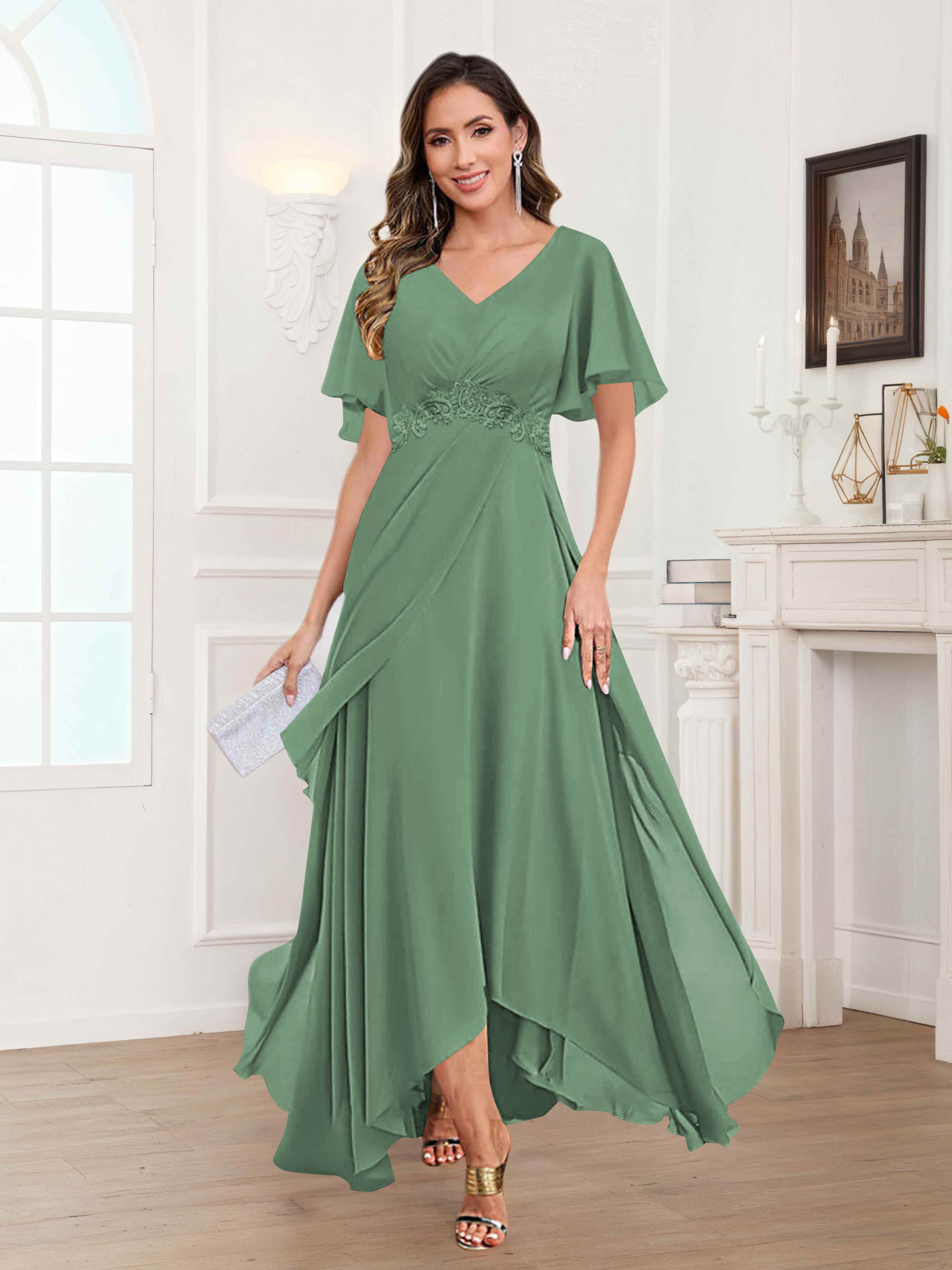 Ulyana Modest V Neck Ruched High Low Chiffon Mother Of The Bride Dresses
