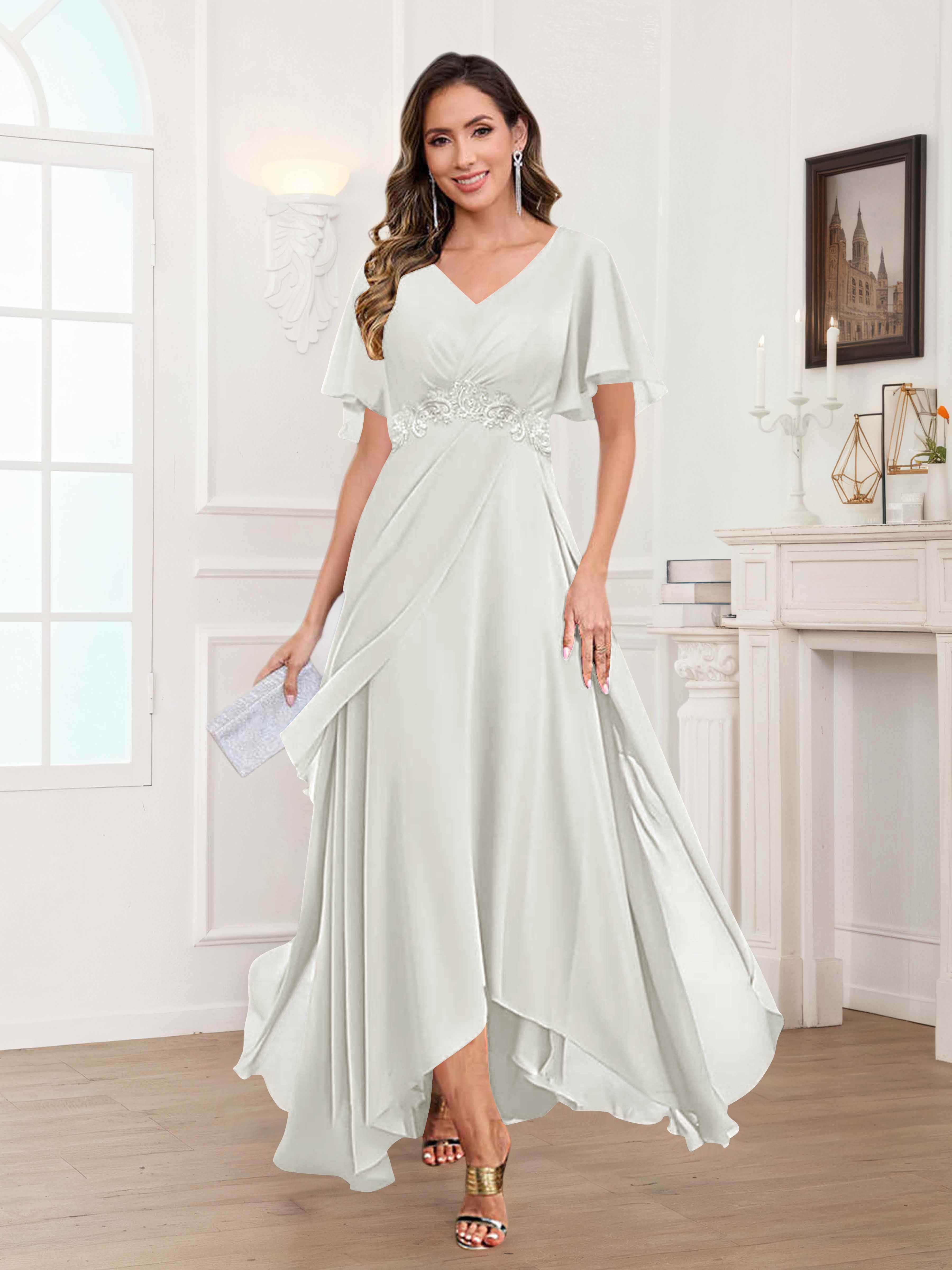 Ulyana Modest V Neck Ruched High Low Chiffon Mother Of The Bride Dresses