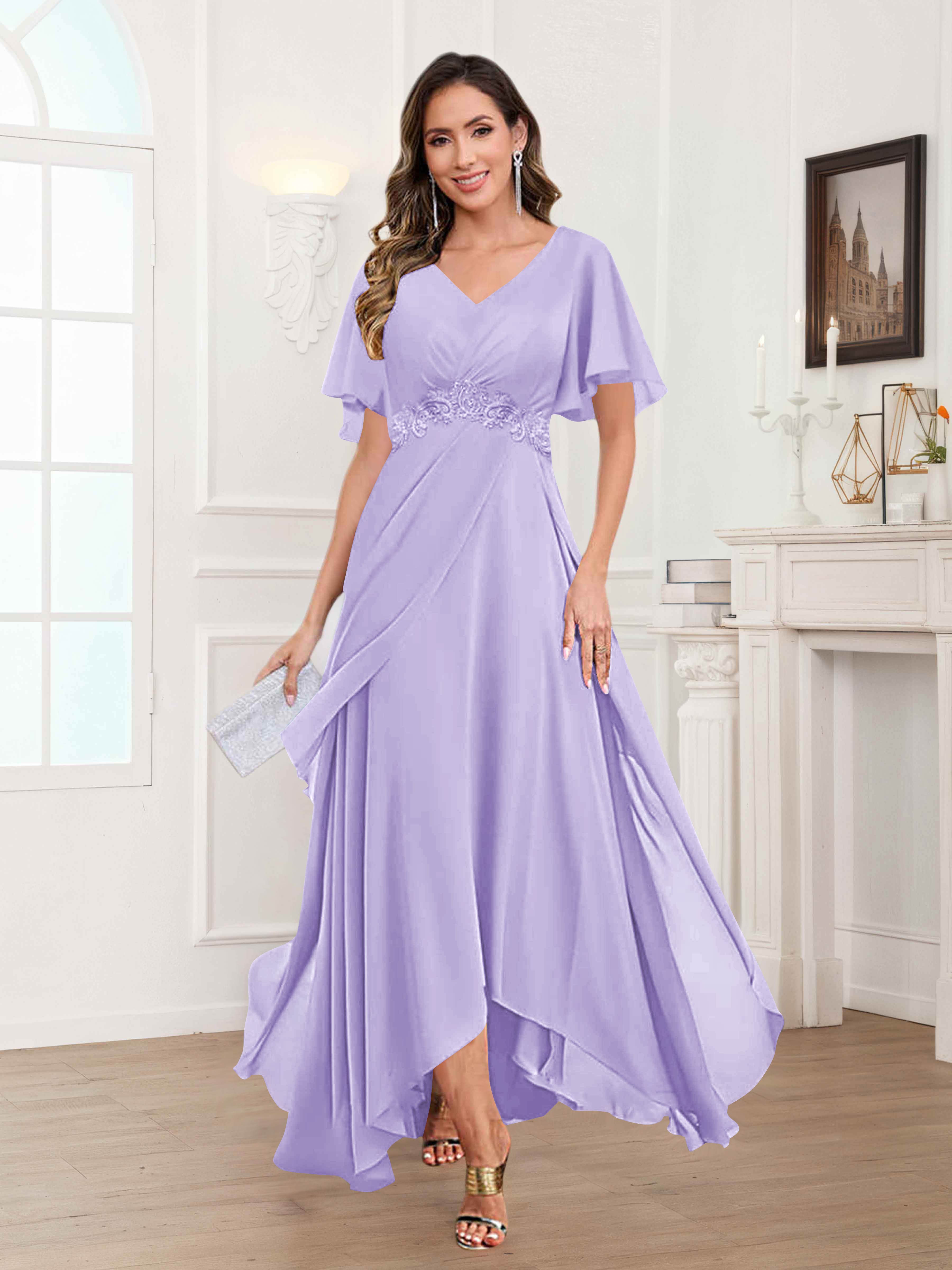 Ulyana Modest V Neck Ruched High Low Chiffon Mother Of The Bride Dresses