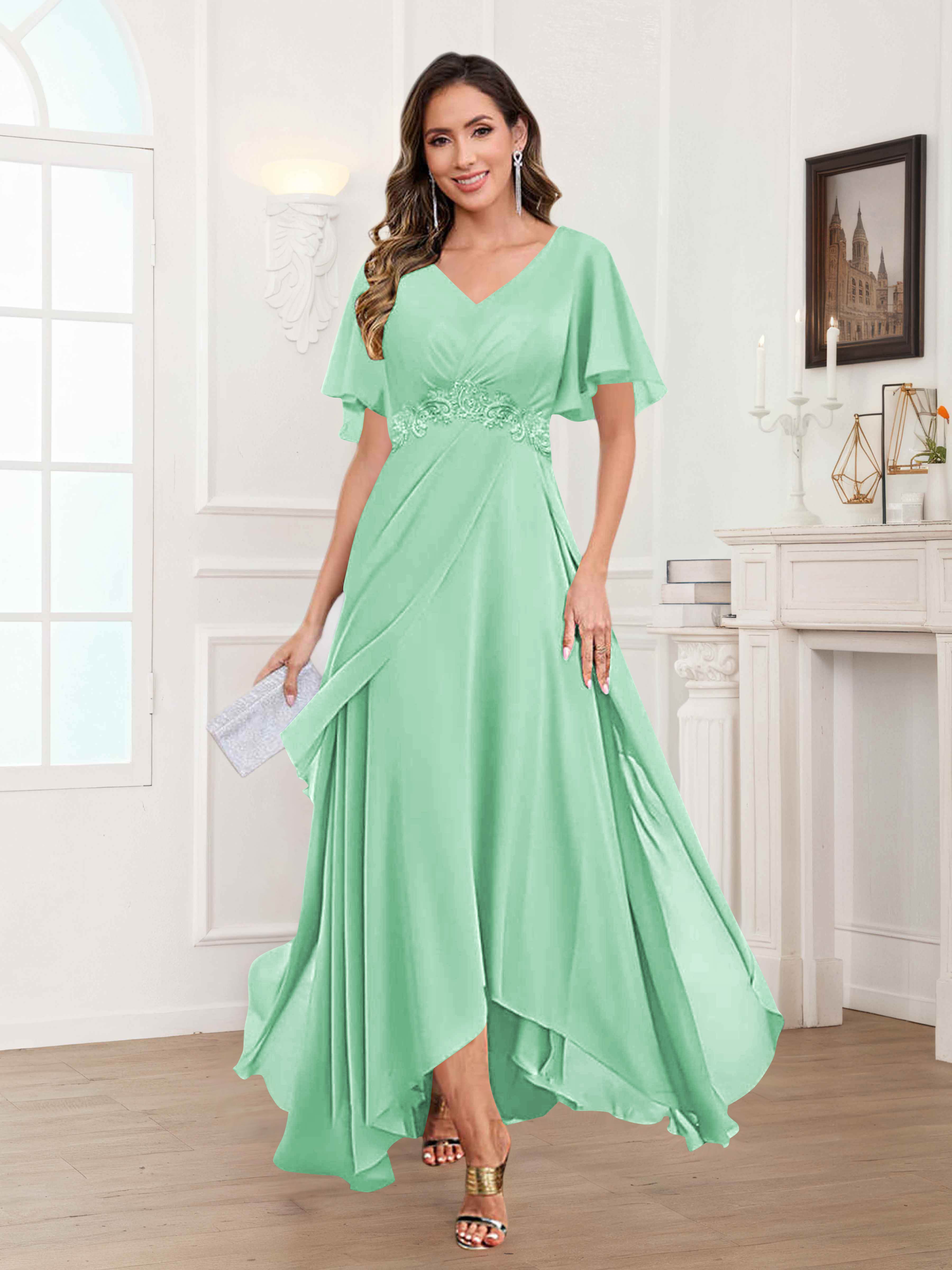 Ulyana Modest V Neck Ruched High Low Chiffon Mother Of The Bride Dresses