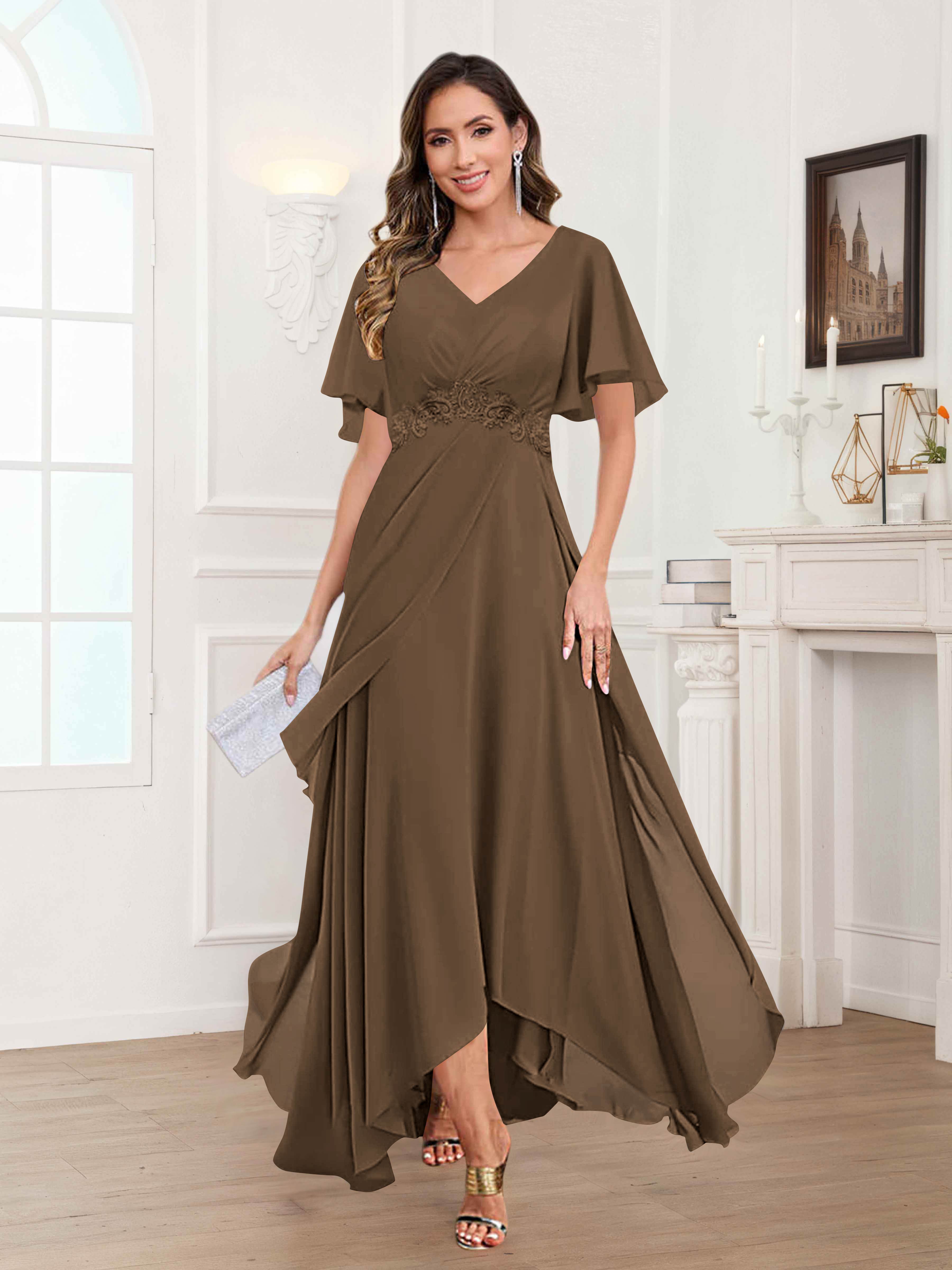 Ulyana Modest V Neck Ruched High Low Chiffon Mother Of The Bride Dresses
