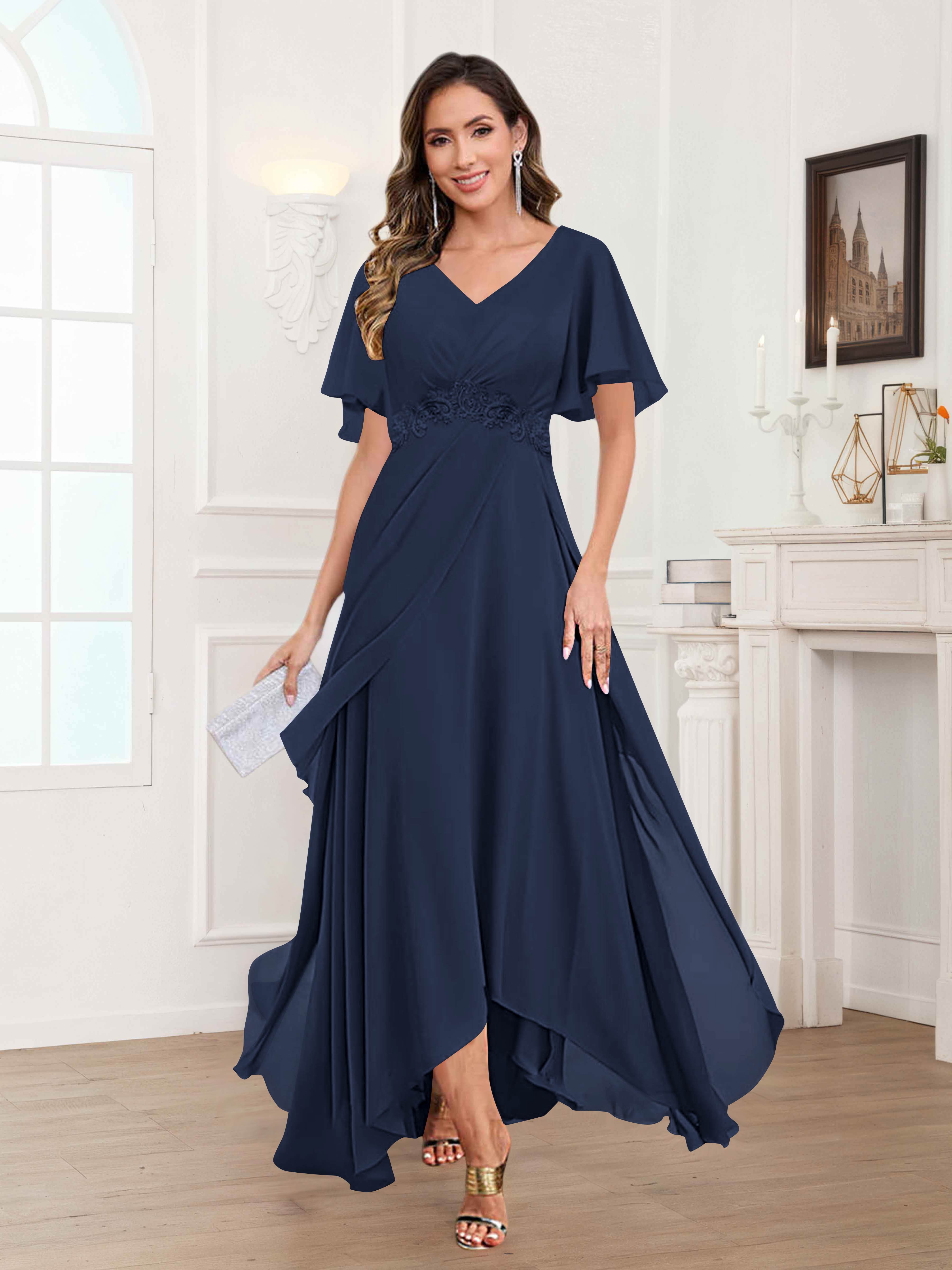 Ulyana Modest V Neck Ruched High Low Chiffon Mother Of The Bride Dresses