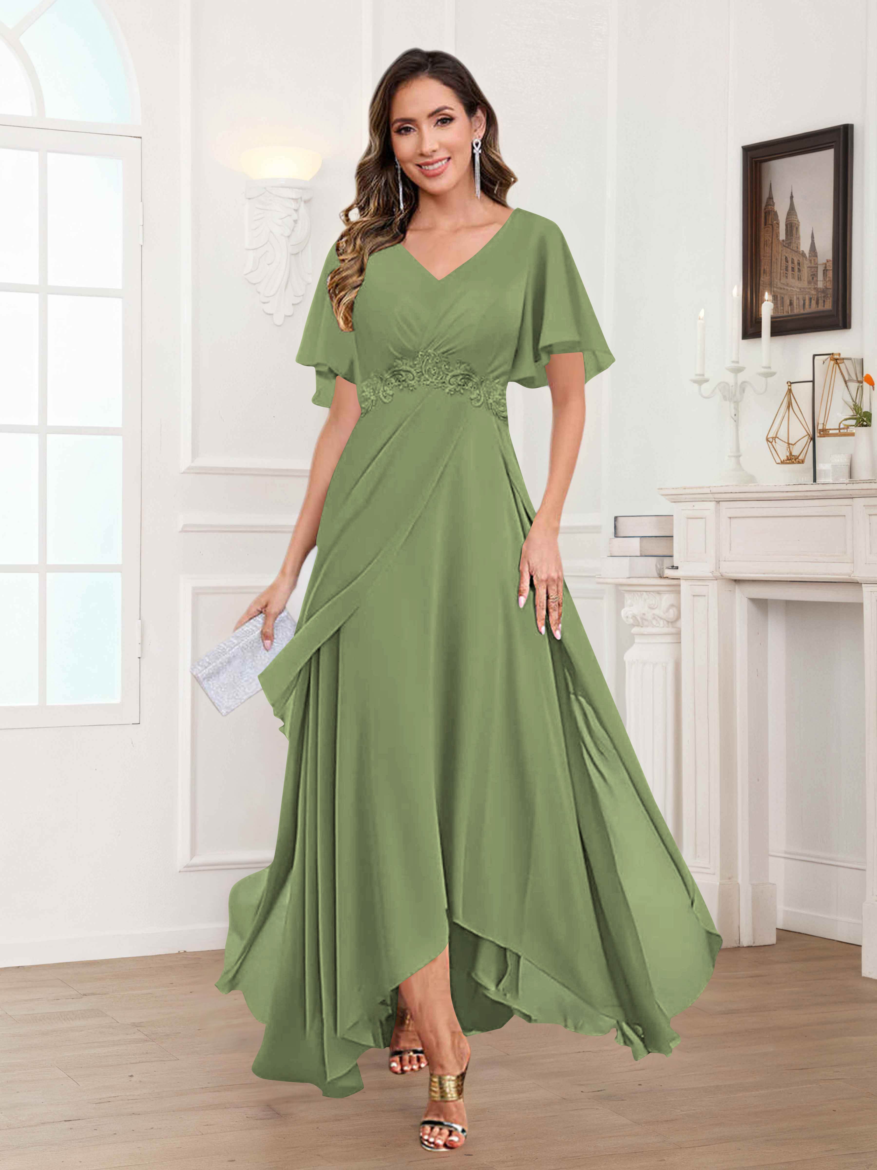 Ulyana Modest V Neck Ruched High Low Chiffon Mother Of The Bride Dresses