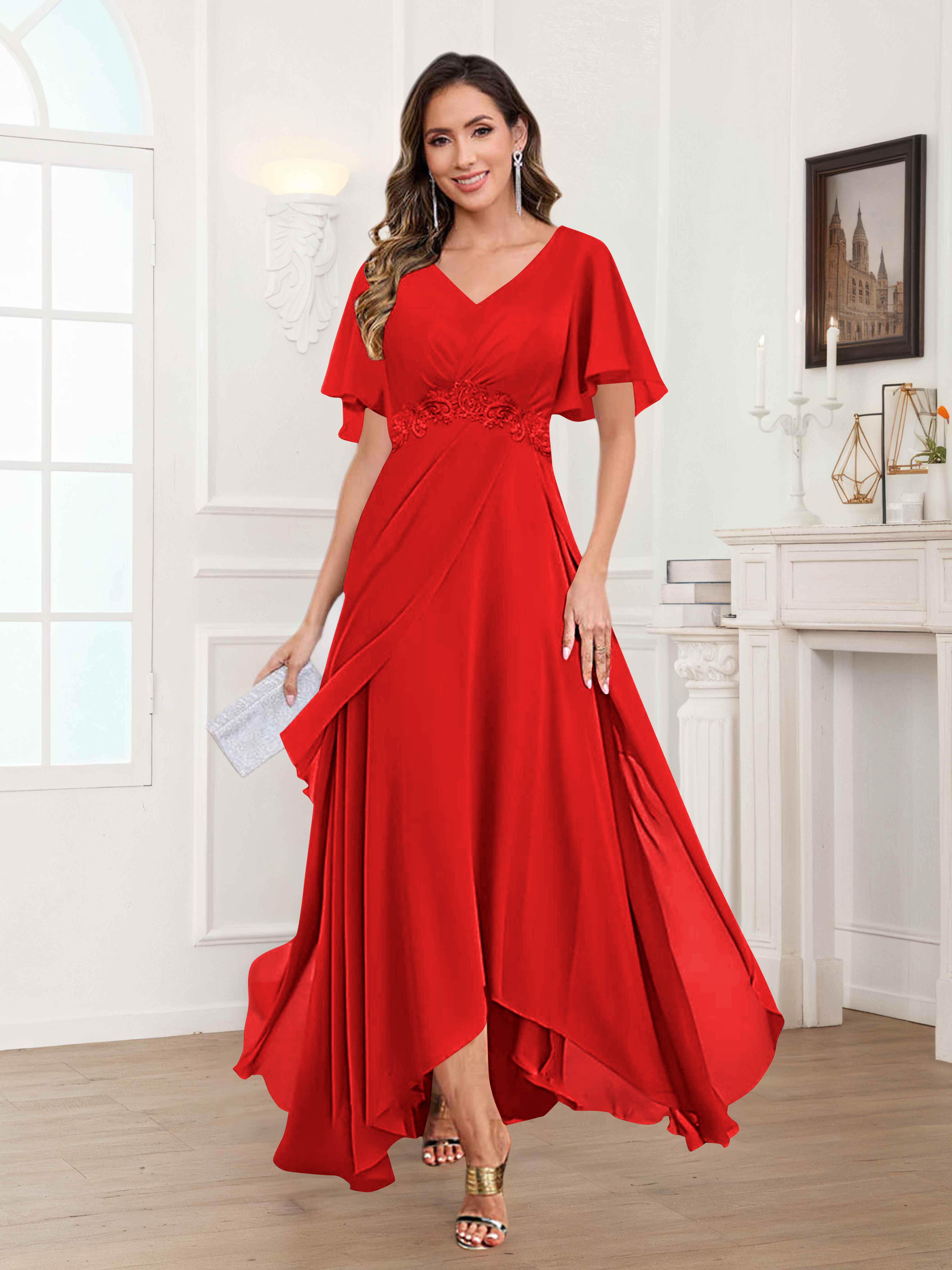 Ulyana Modest V Neck Ruched High Low Chiffon Mother Of The Bride Dresses