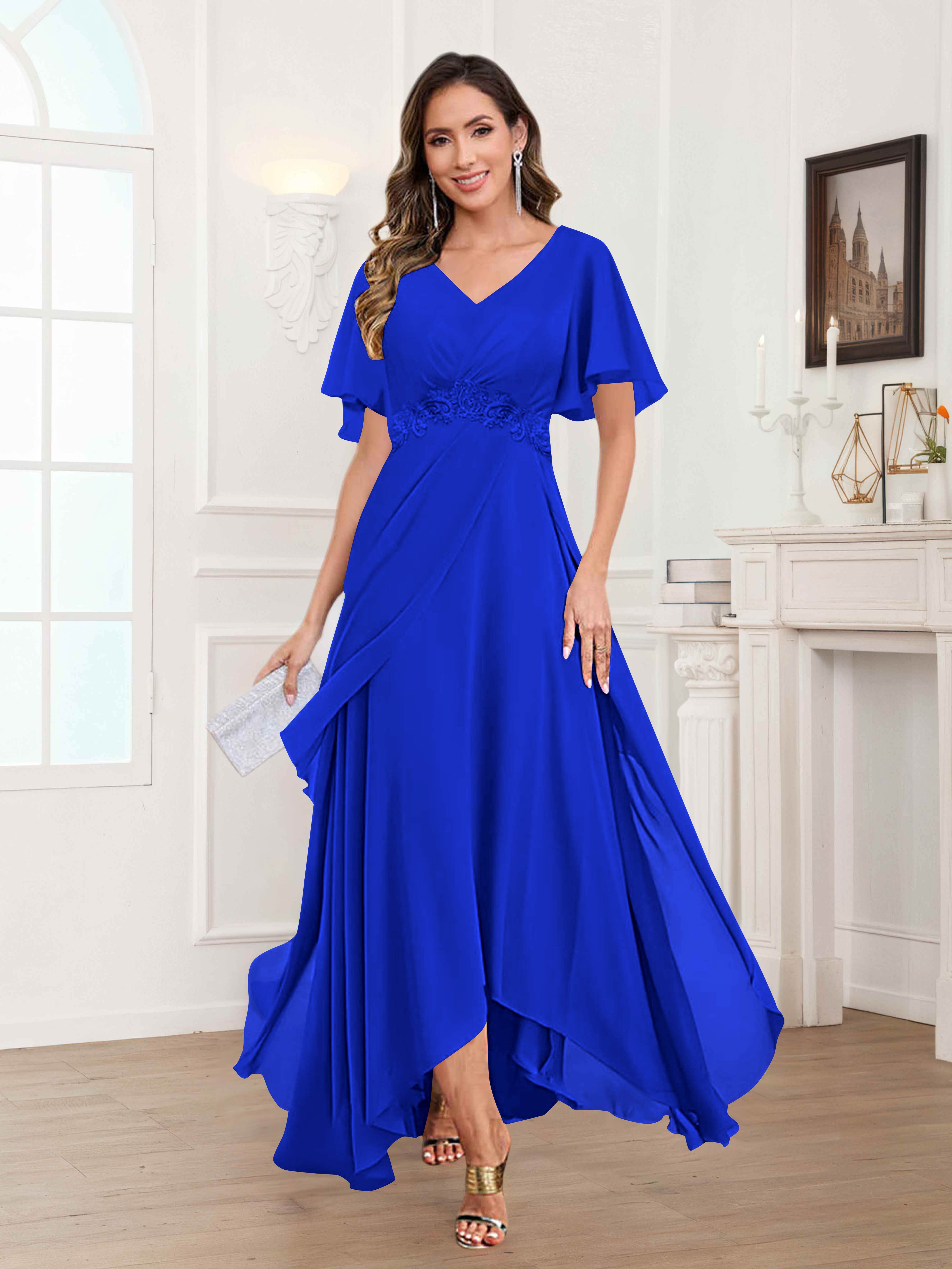 Ulyana Modest V Neck Ruched High Low Chiffon Mother Of The Bride Dresses