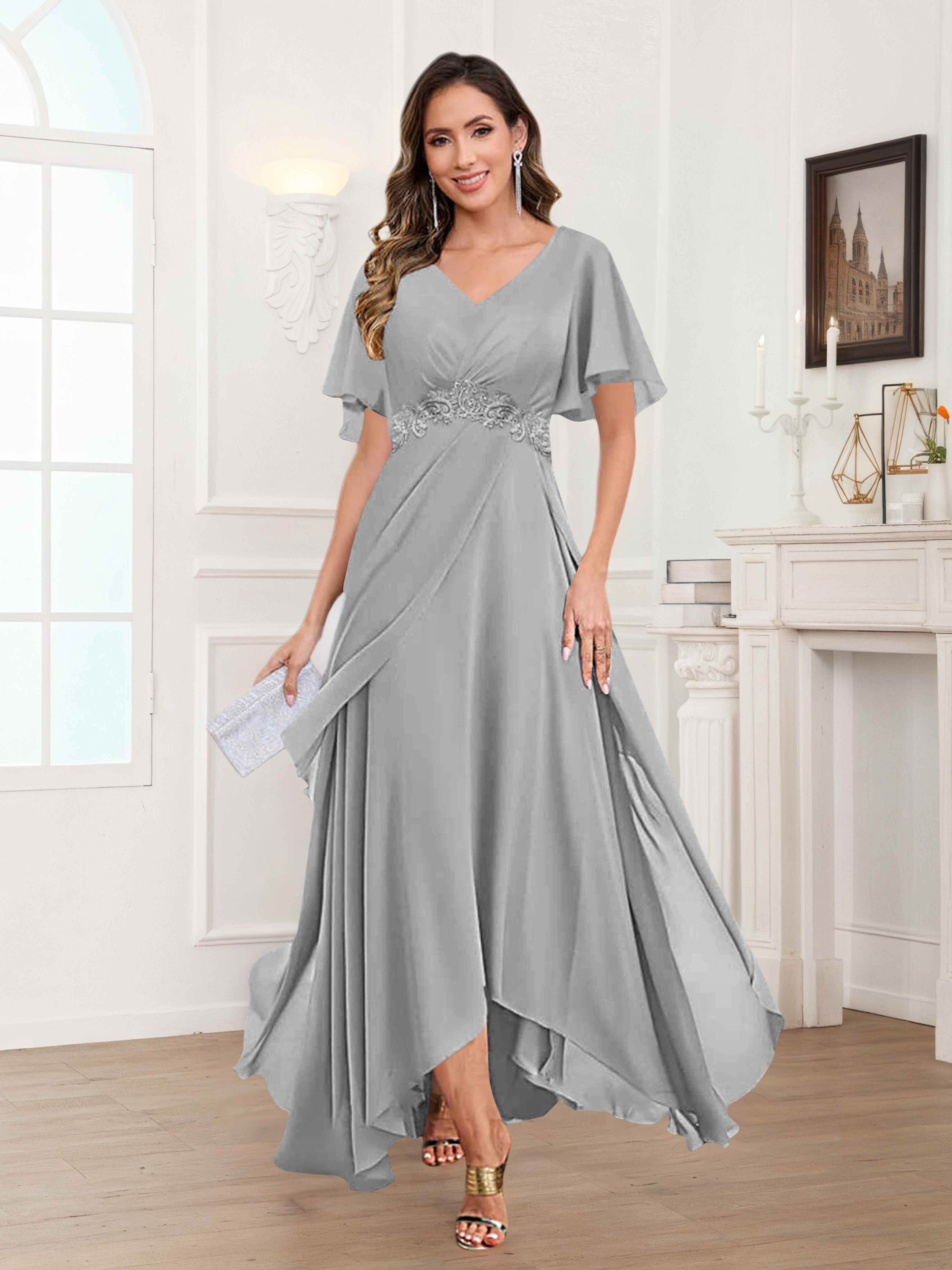 Ulyana Modest V Neck Ruched High Low Chiffon Mother Of The Bride Dresses