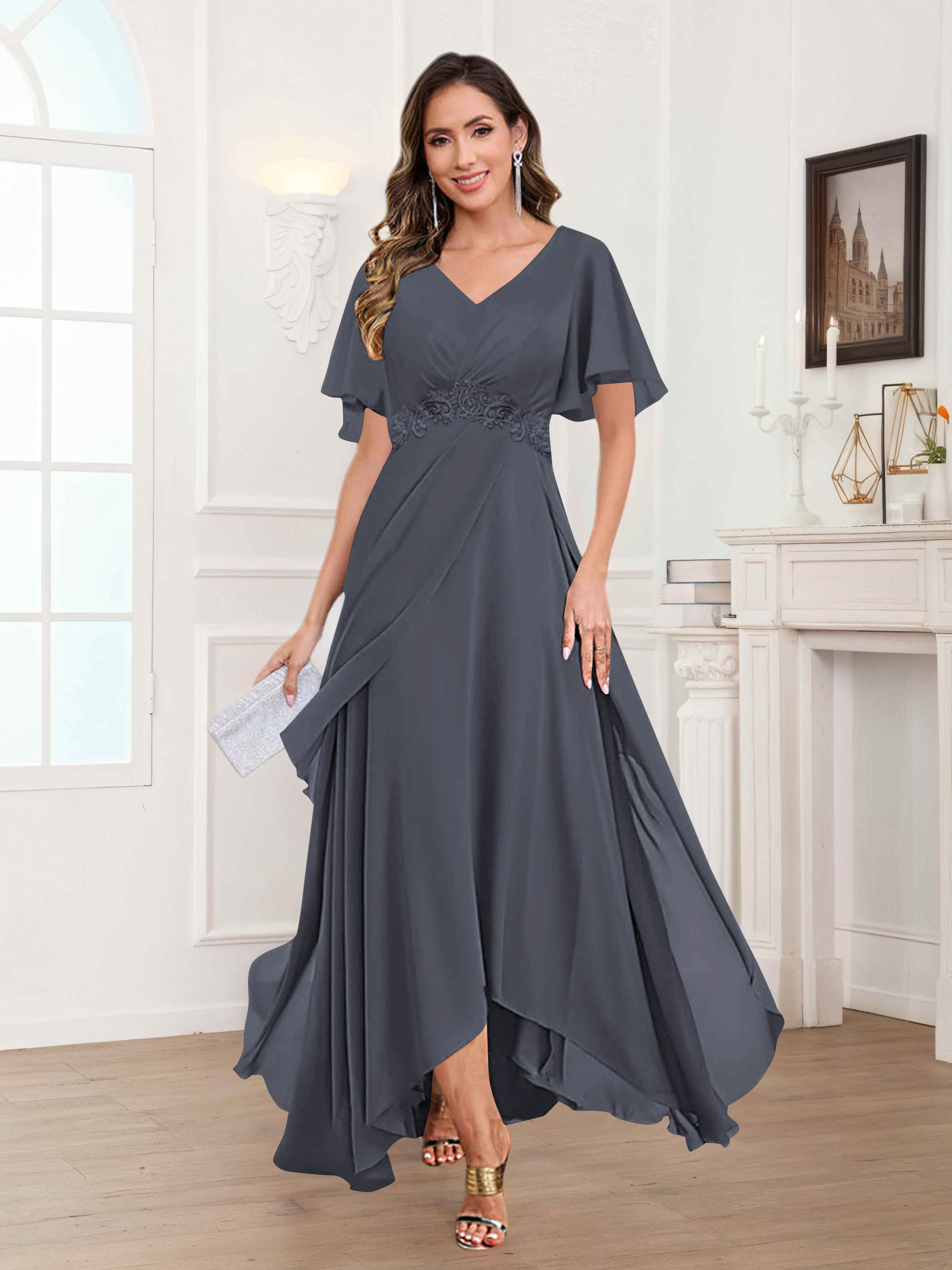 Ulyana Modest V Neck Ruched High Low Chiffon Mother Of The Bride Dresses