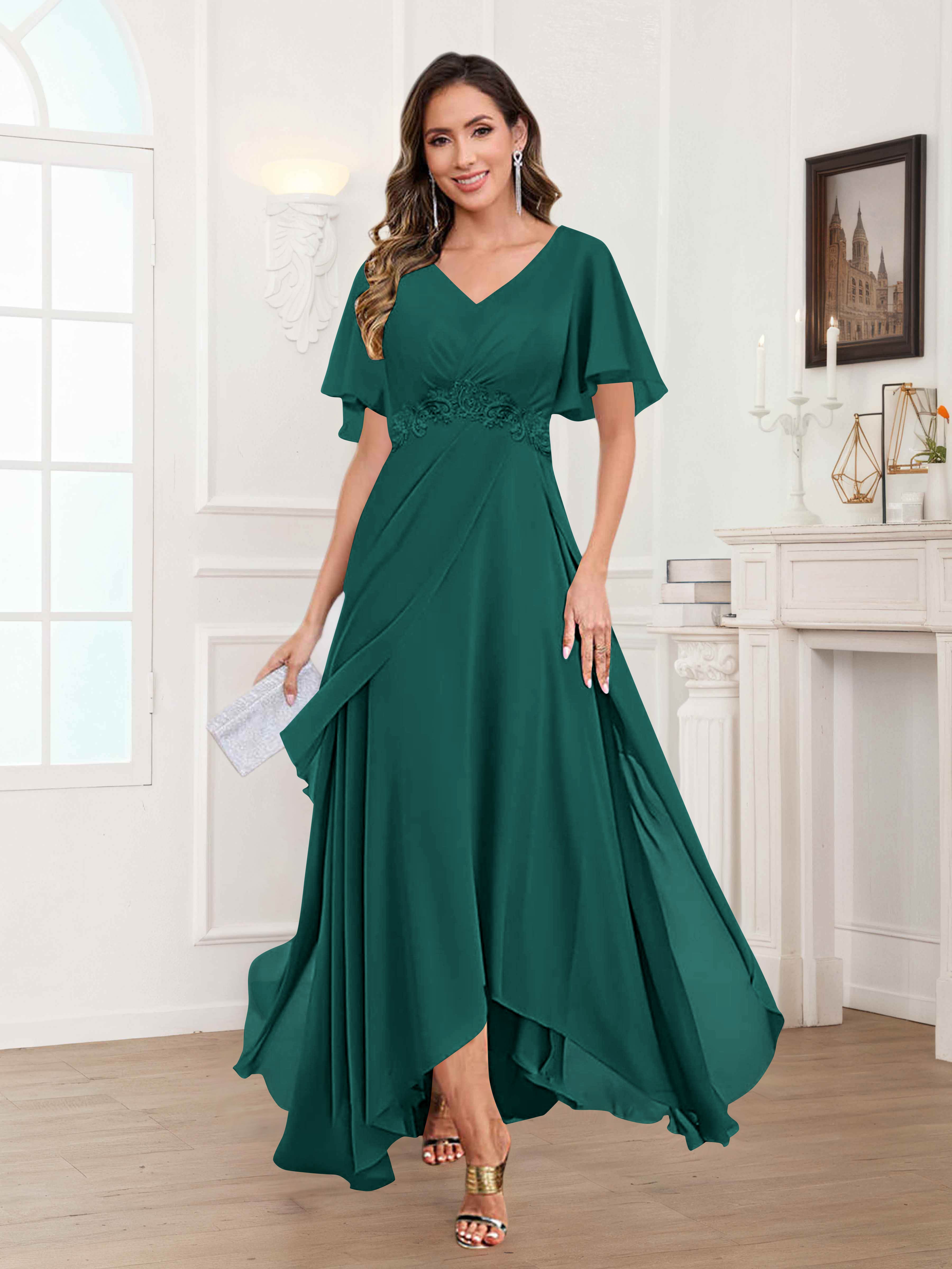 Ulyana Modest V Neck Ruched High Low Chiffon Mother Of The Bride Dresses