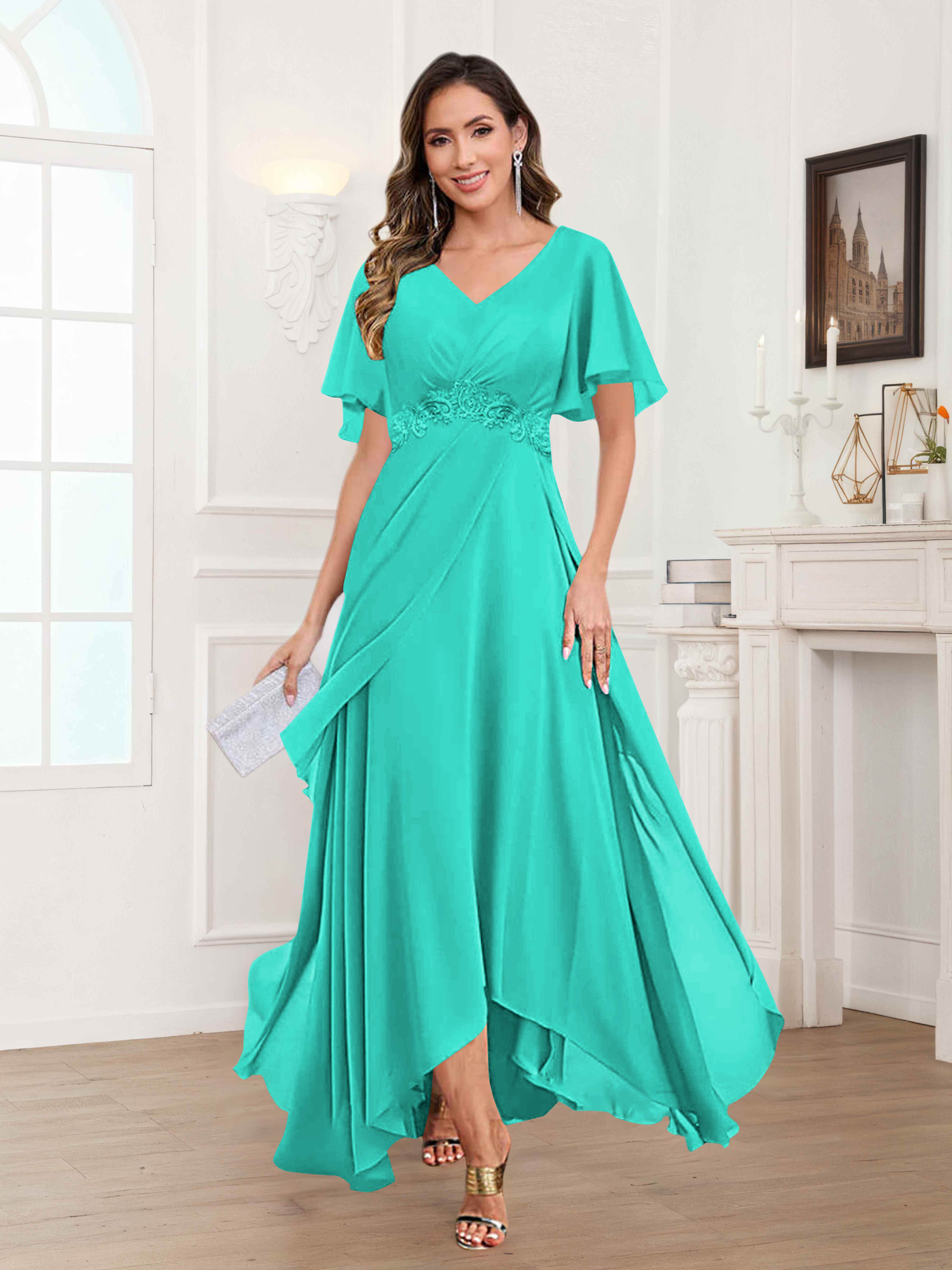 Ulyana Modest V Neck Ruched High Low Chiffon Mother Of The Bride Dresses