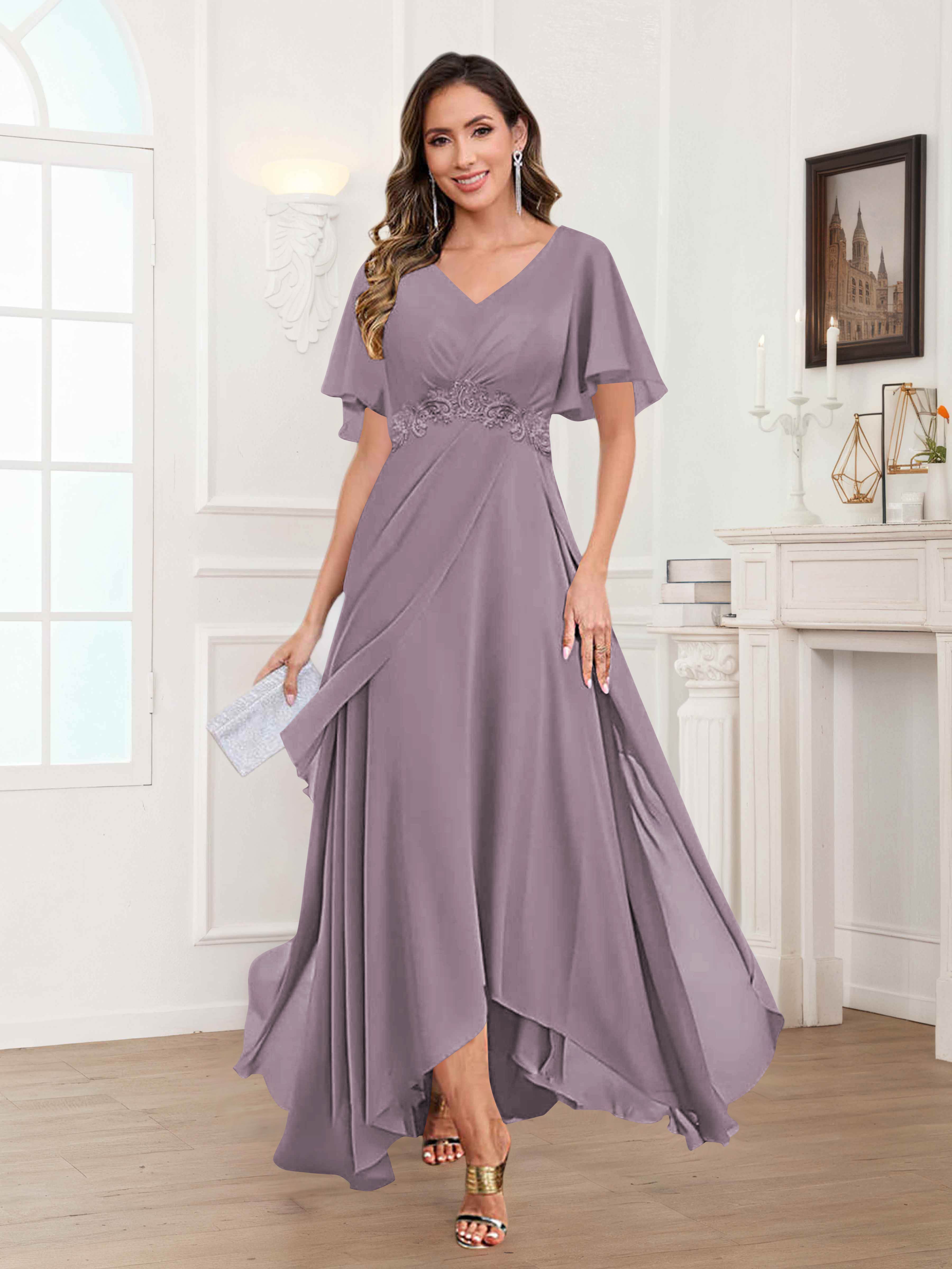 Ulyana Modest V Neck Ruched High Low Chiffon Mother Of The Bride Dresses