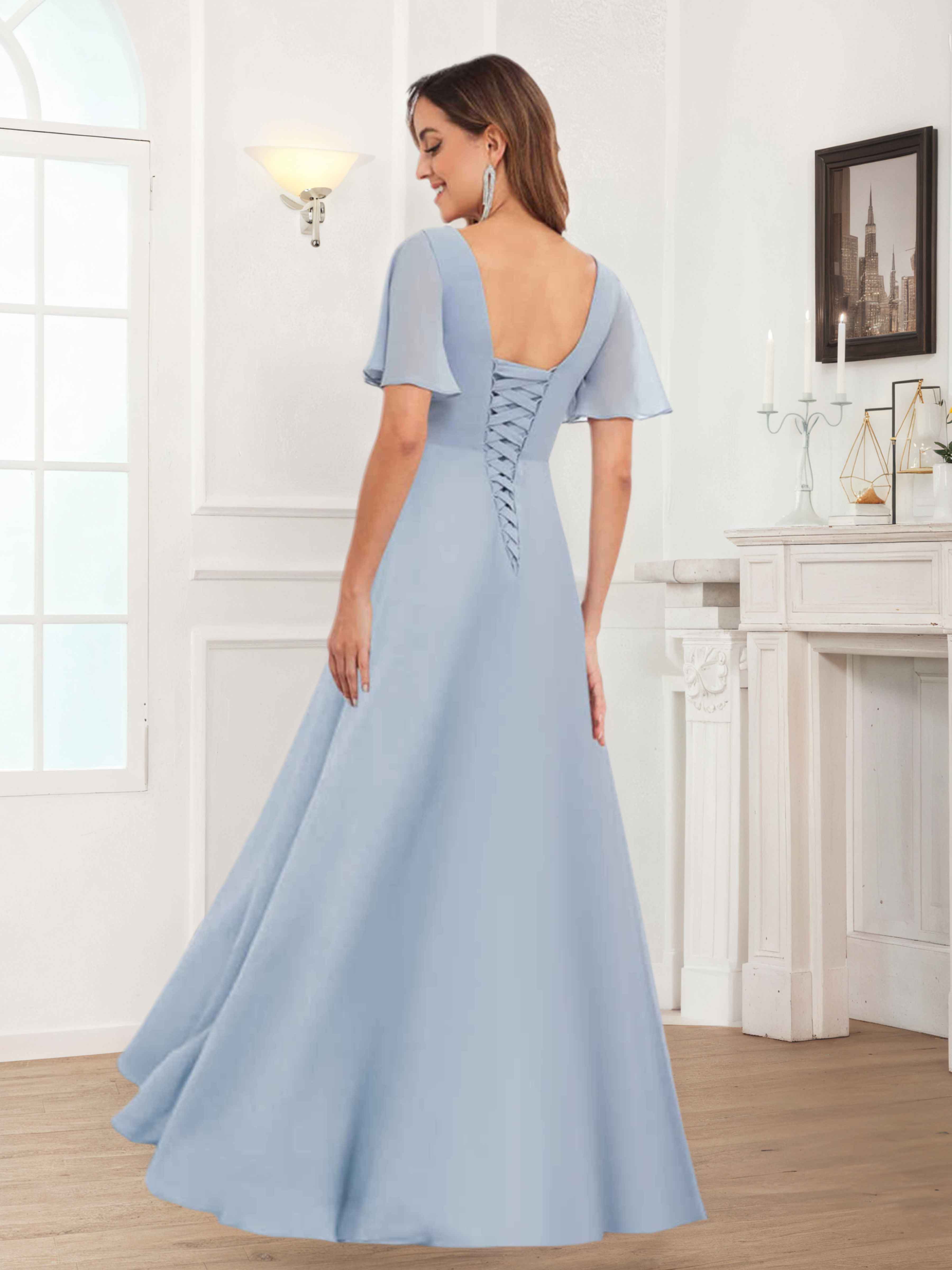 Ulyana Modest V Neck Ruched High Low Chiffon Mother Of The Bride Dresses