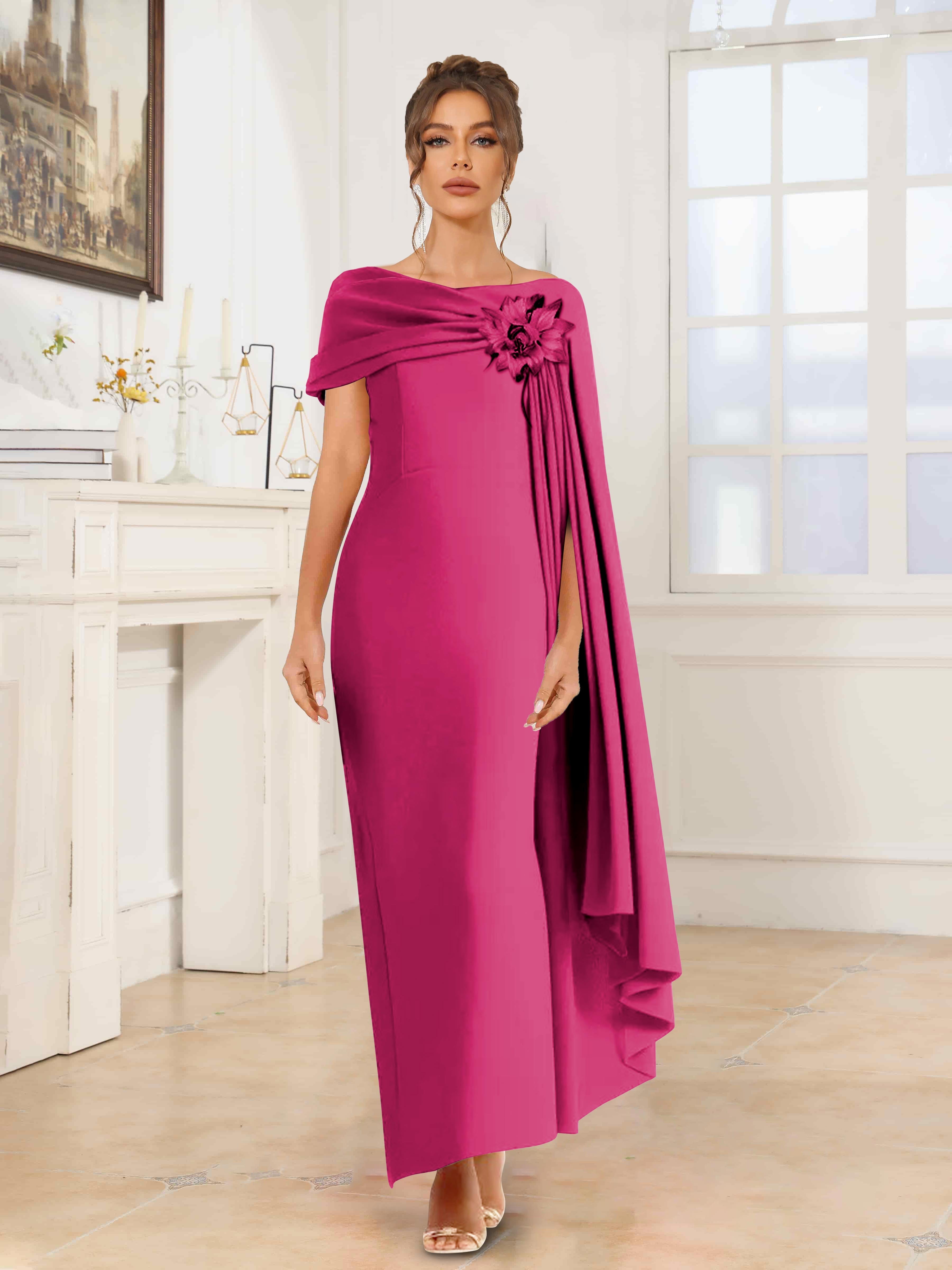 asymmetrical dress formal Ulythia Elegant Cape Flower Satin Maxi Evening Dresses, Desert Rose ring bearer suit length sheath skirt also Christmas Dresses – Ellaé Color:Signature Royal