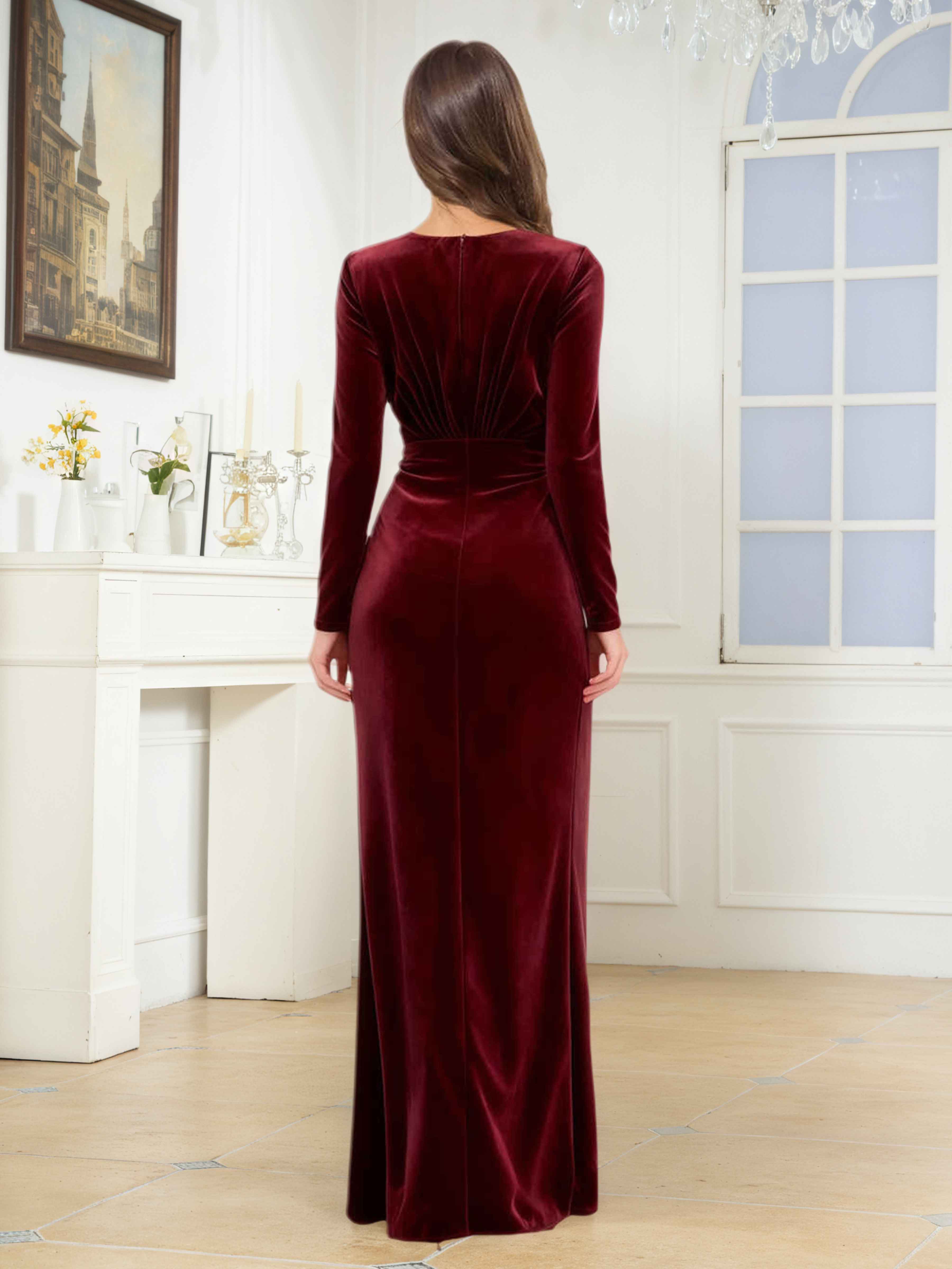 Una Glamorous A-Line V-neck Long Sleeves Floor Length Velvet Mother Of The Bride Dress