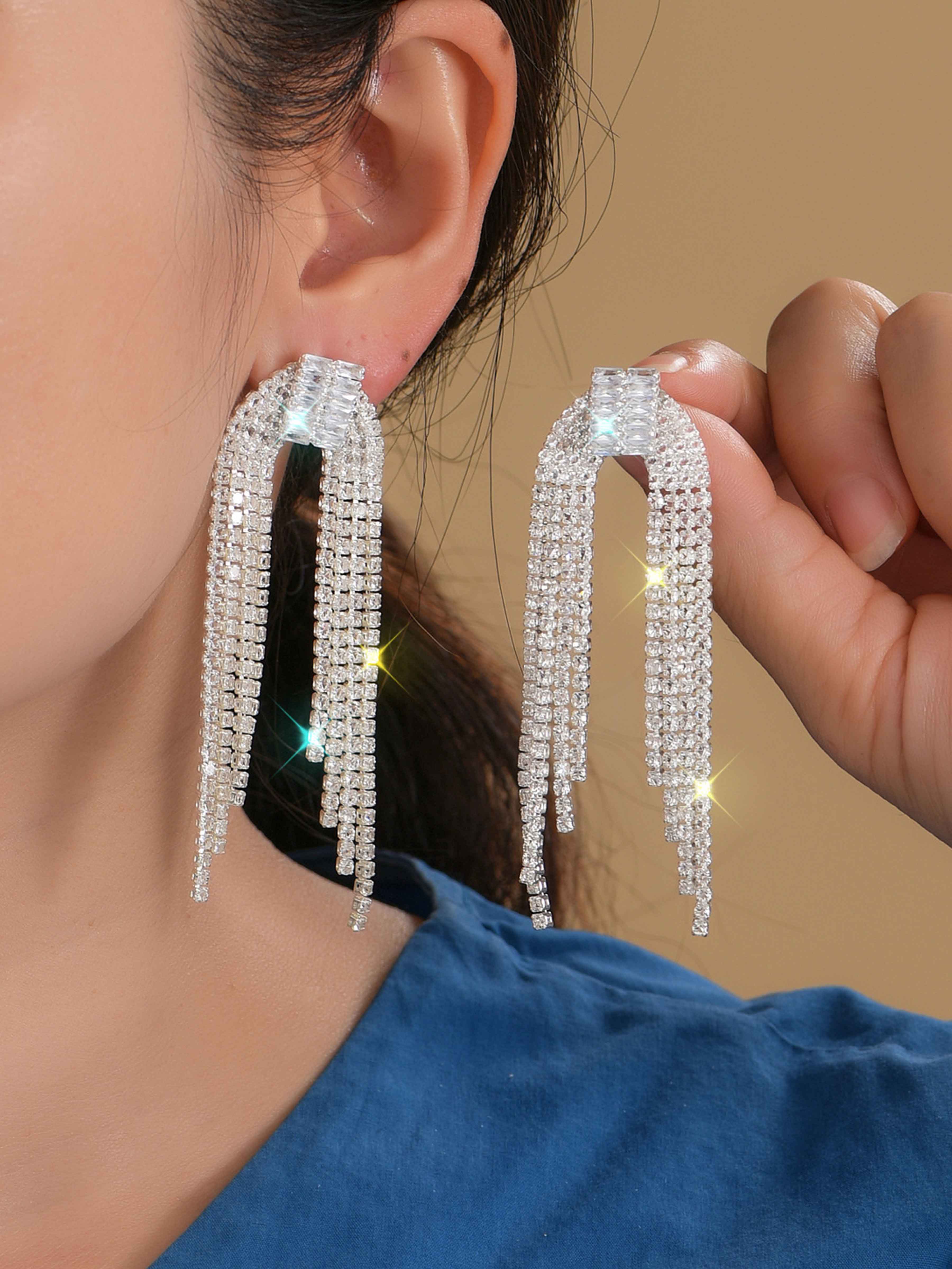 Unique Exquisite Rhinestones Long Earrings