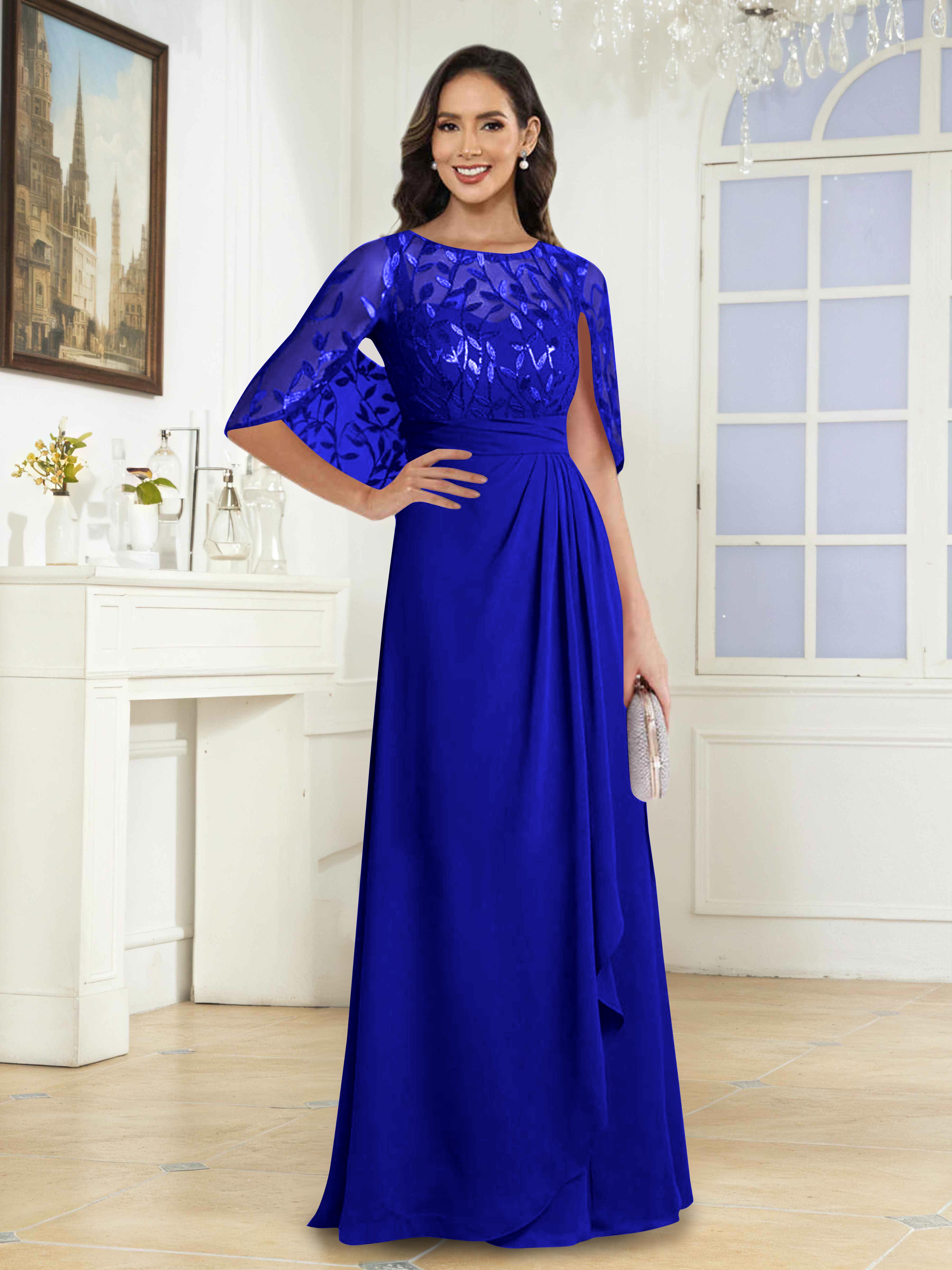 Vallen Elegant Illusion Sequins Long Mother of the Bride Dresses With Cape
