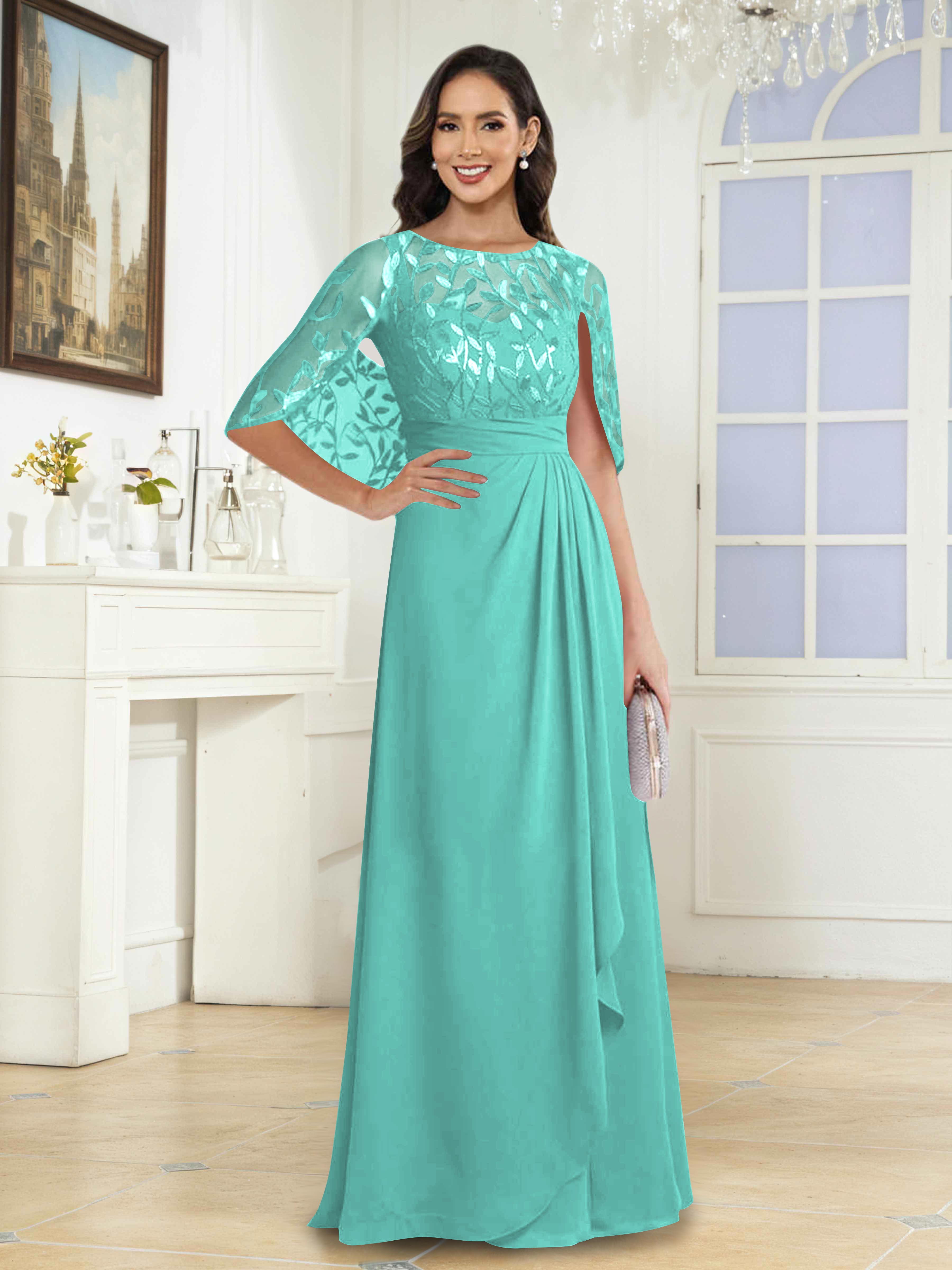 Vallen Elegant Illusion Sequins Long Mother of the Bride Dresses With Cape