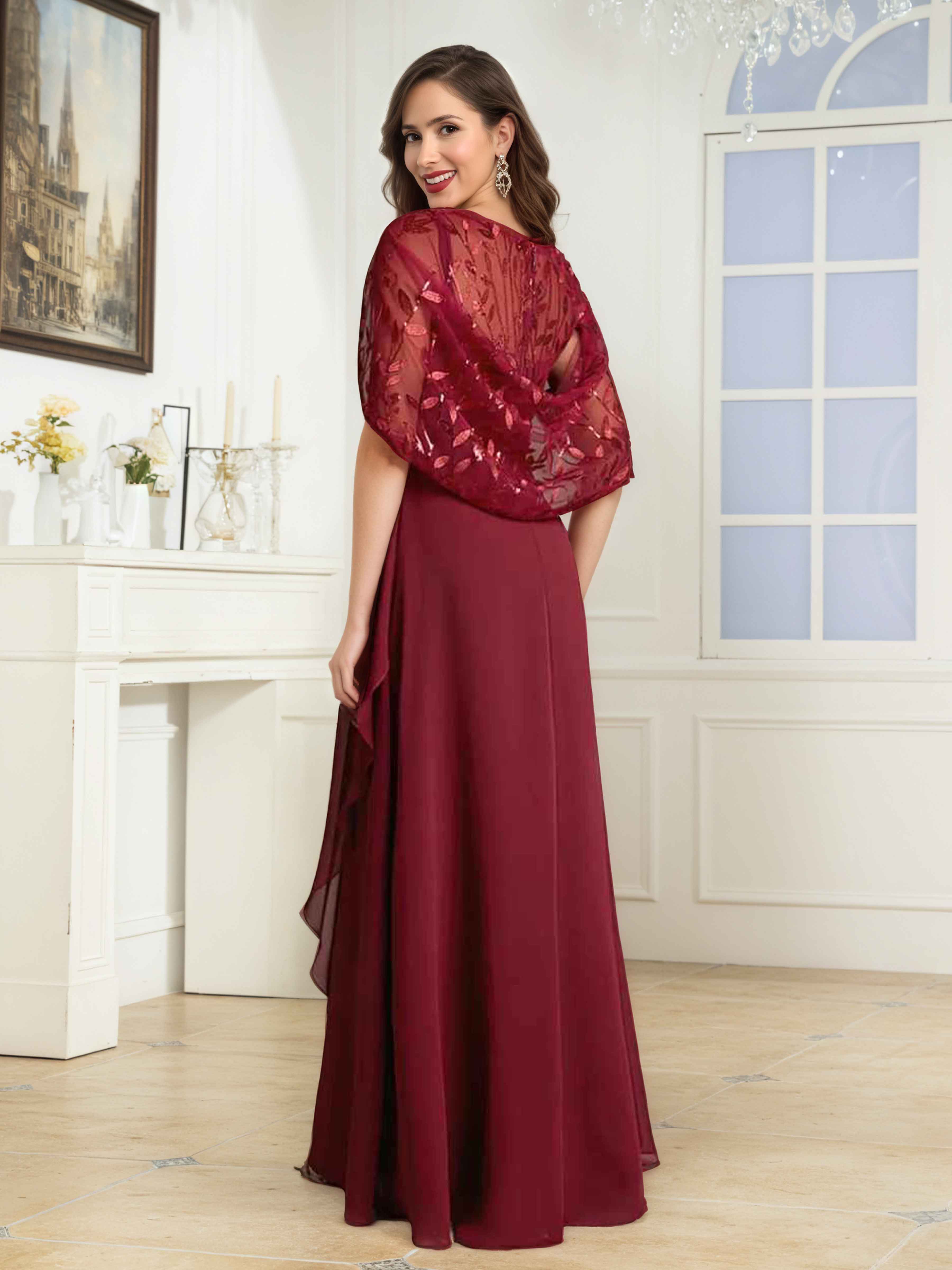 Vallen Elegant Illusion Sequins Long Mother of the Bride Dresses With Cape