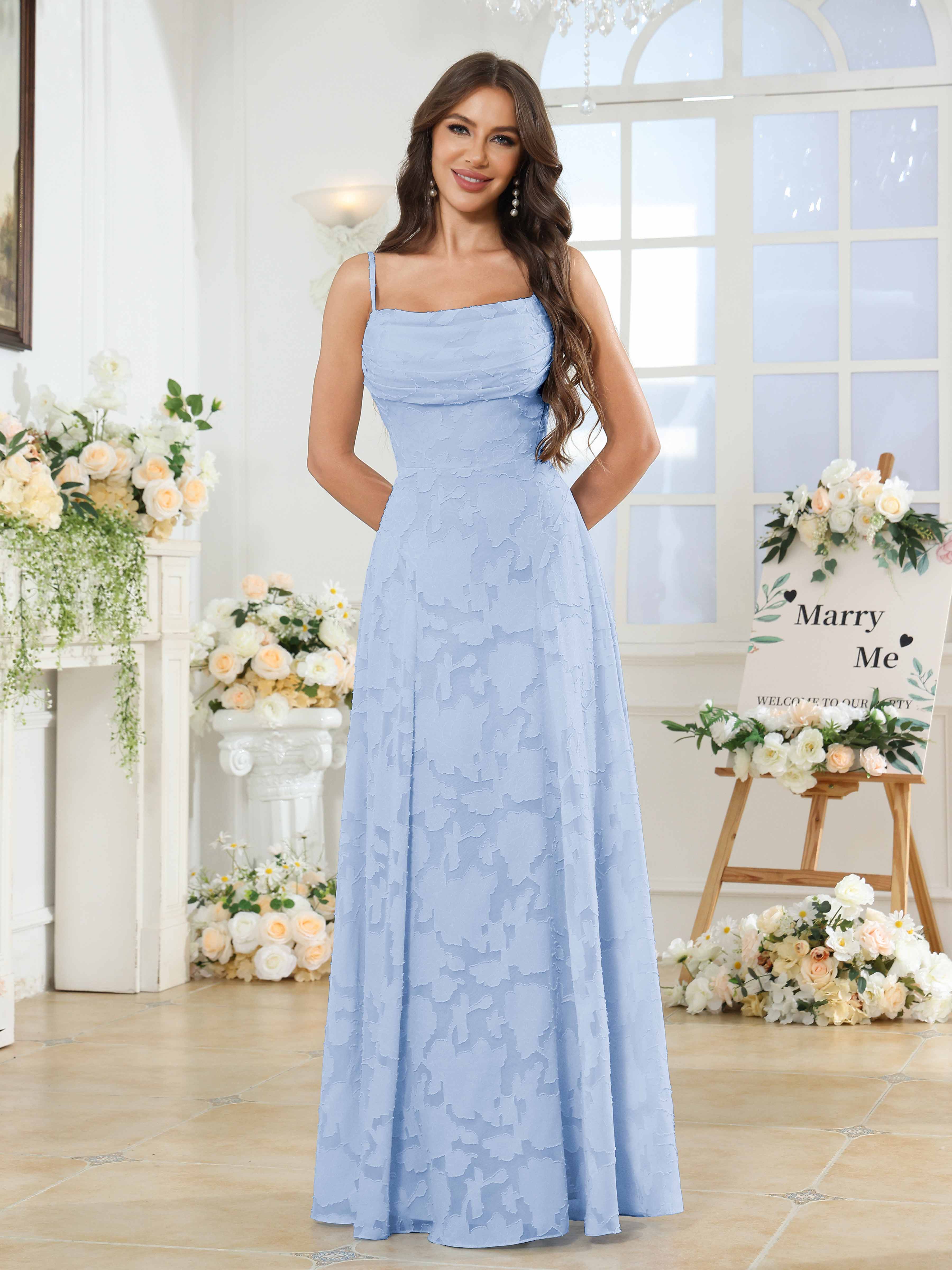 Vega Elegant Spaghetti Straps Cowl Floor Length Floral Lace Bridesmaid Dresses, Light Blue Vega Elegant Spaghetti Straps Cowl Floor Length Floral Lace Bridesmaid Dresses, Light Blue