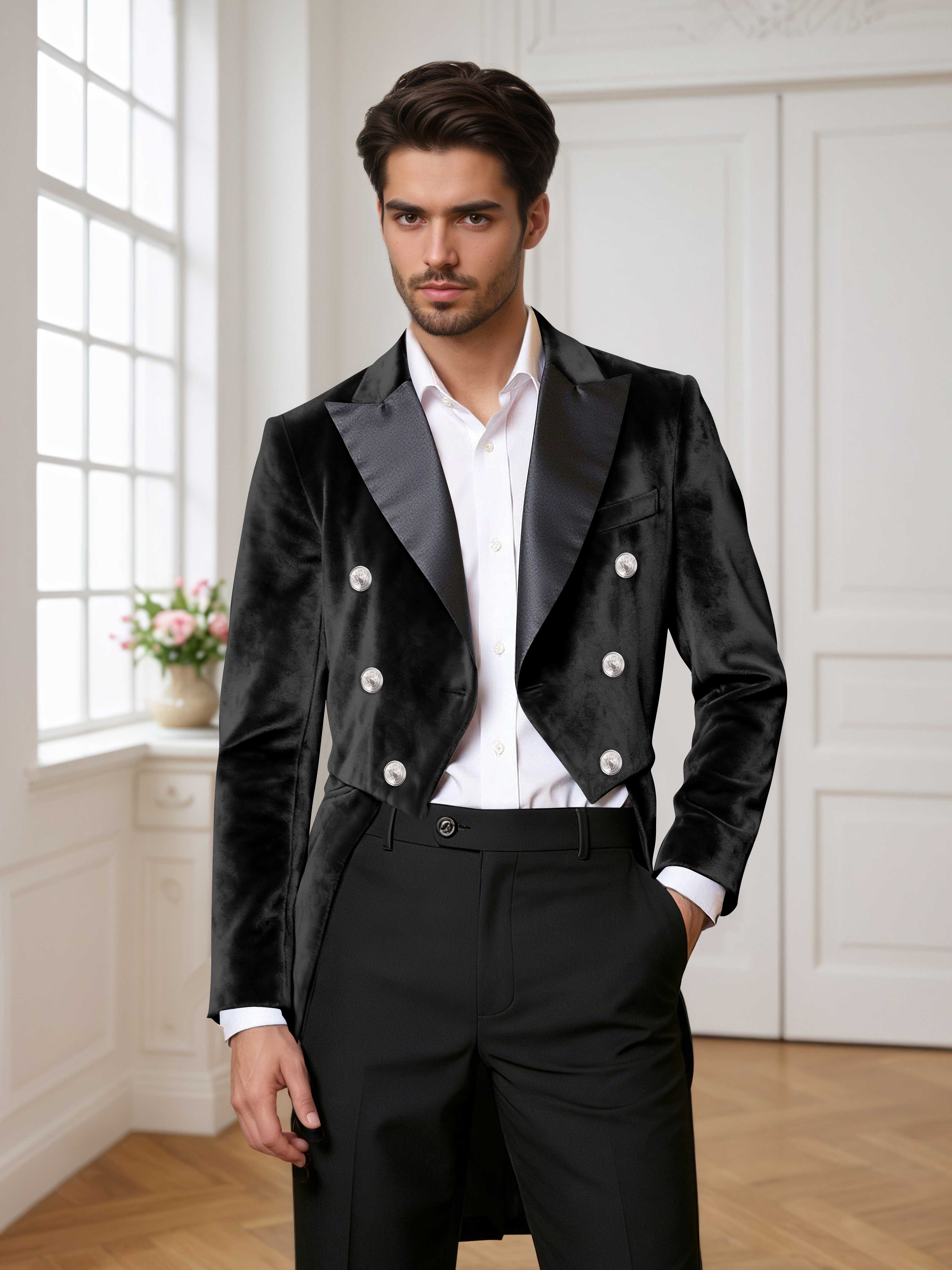 Velvet Tailcoat Double Breasted Peak Lapel Men's 2 Pieces Suit for Formal Wedding