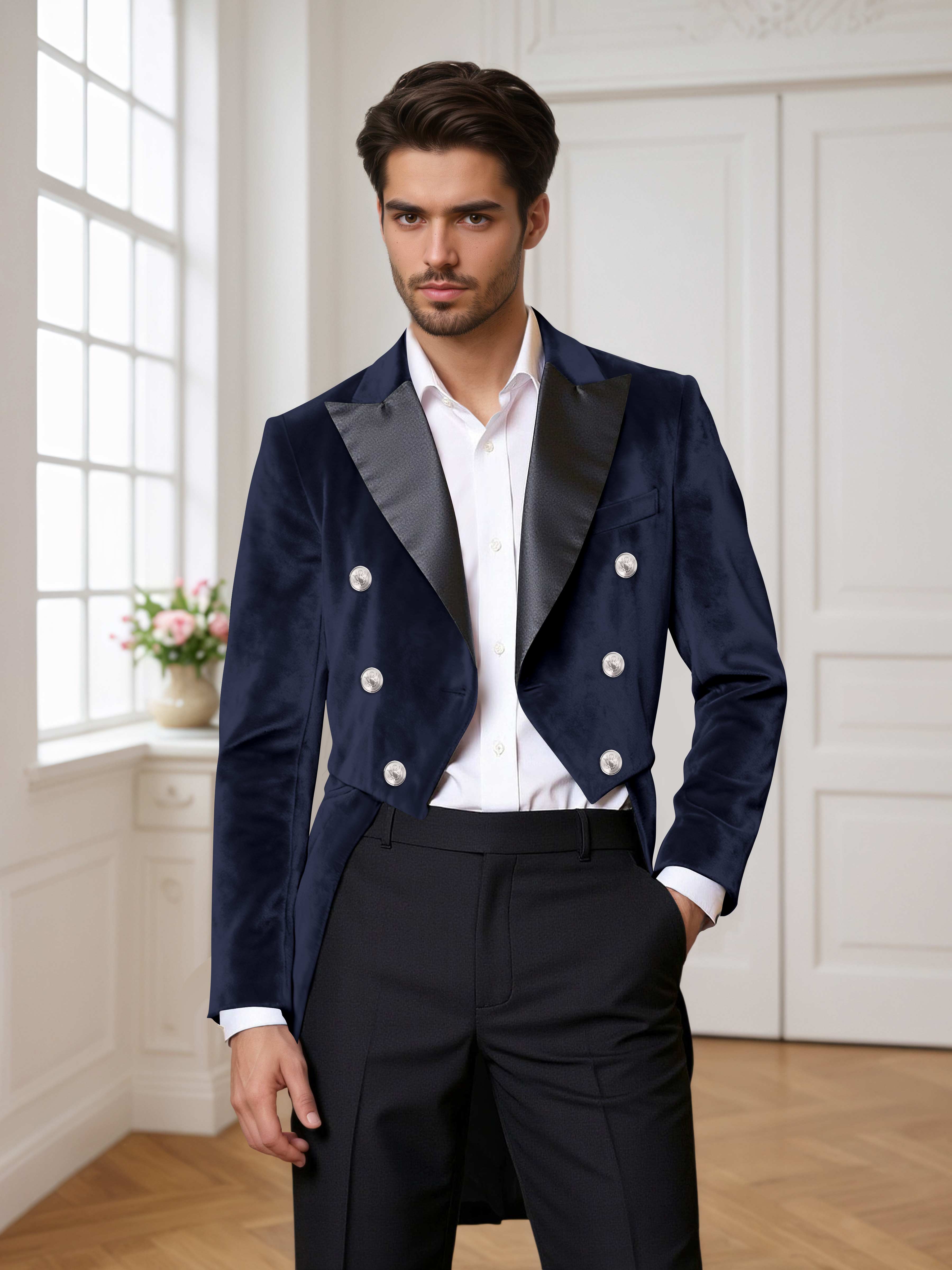 Velvet Tailcoat Double Breasted Peak Lapel Men's 2 Pieces Suit for Formal Wedding