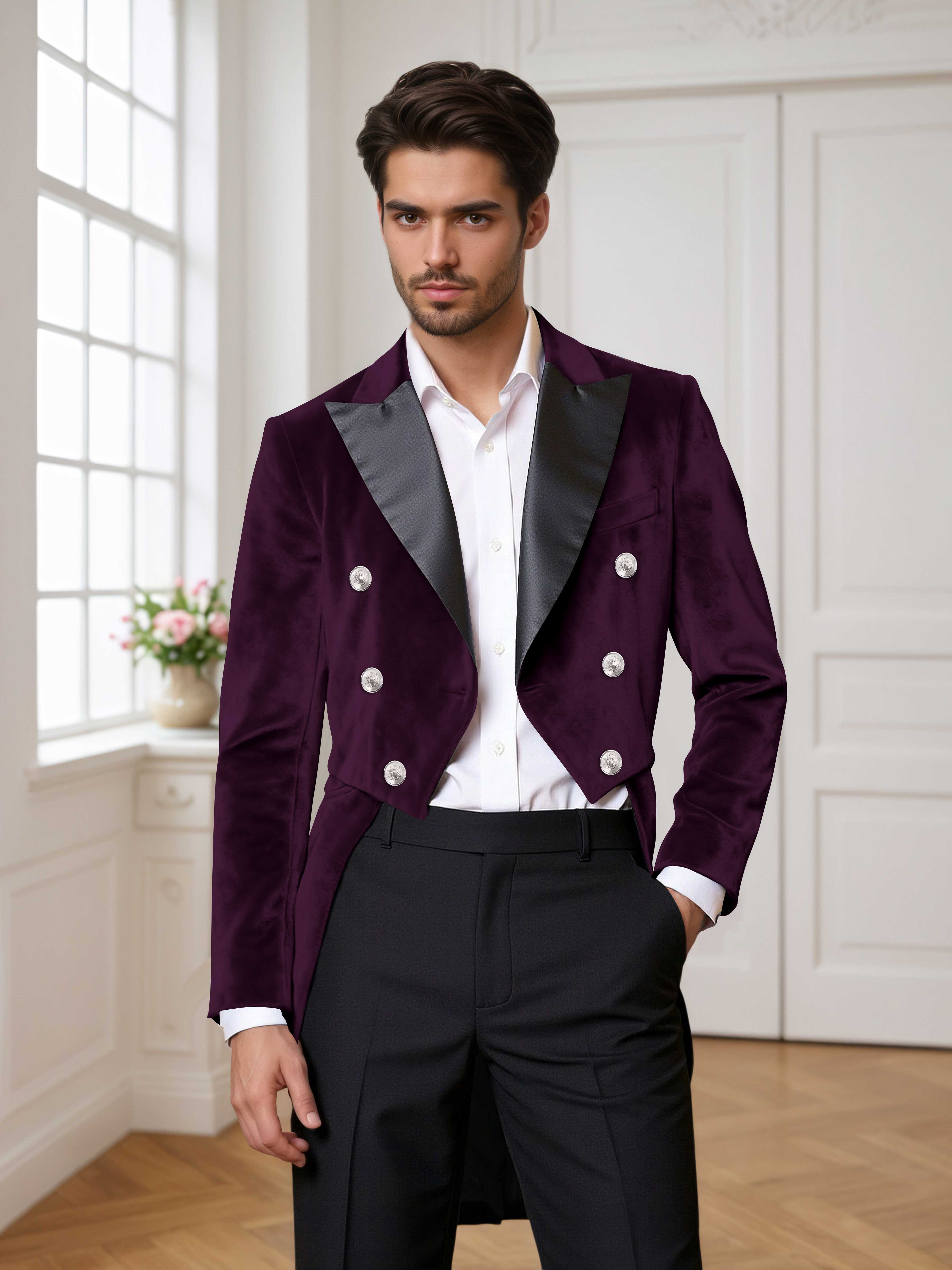 Velvet Tailcoat Double Breasted Peak Lapel Men's 2 Pieces Suit for Formal Wedding