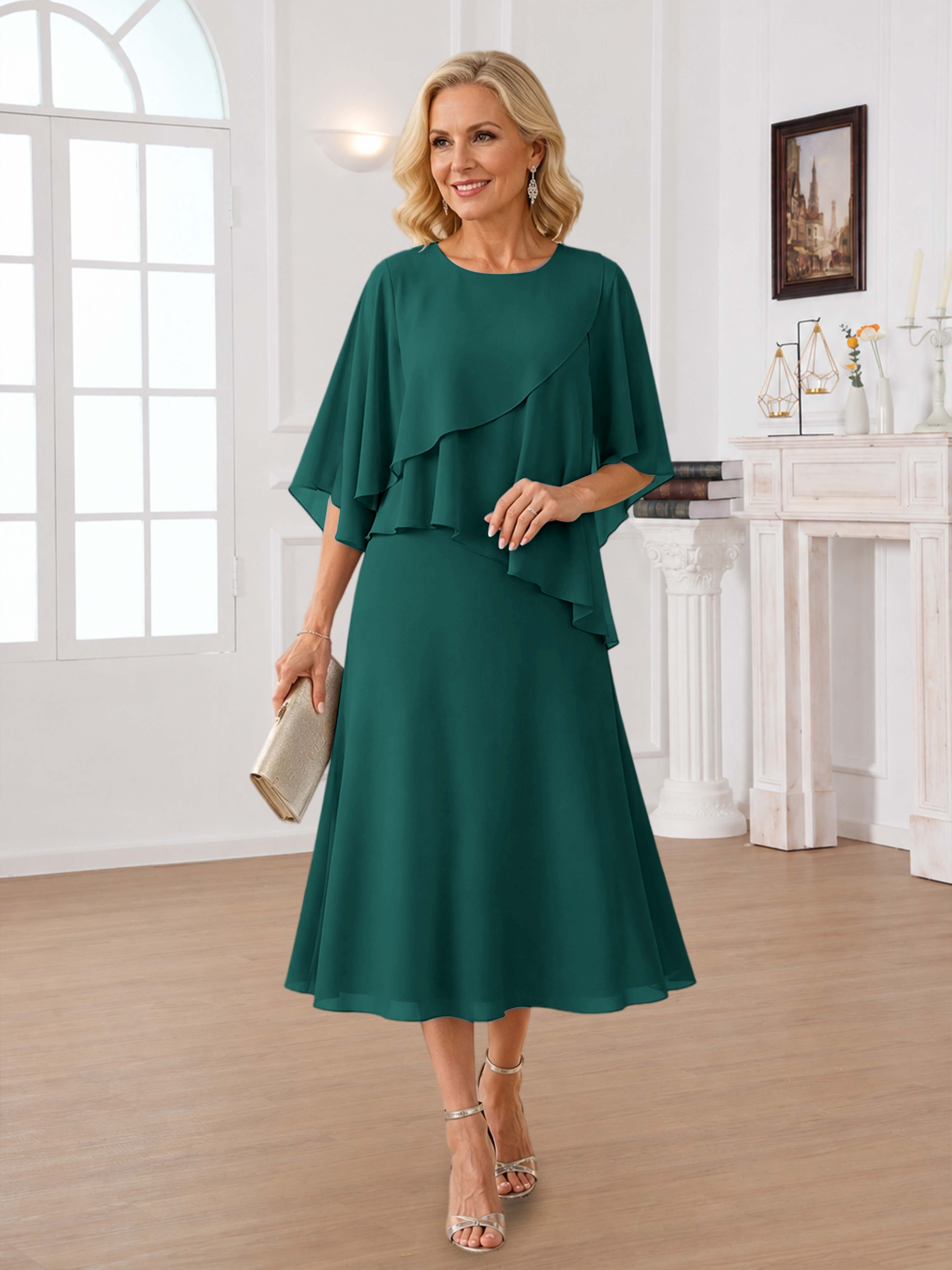 Vesperine Modest Scoop Cape Sleeves Layered Midi Chiffon Mother of the Bride Dresses, Red