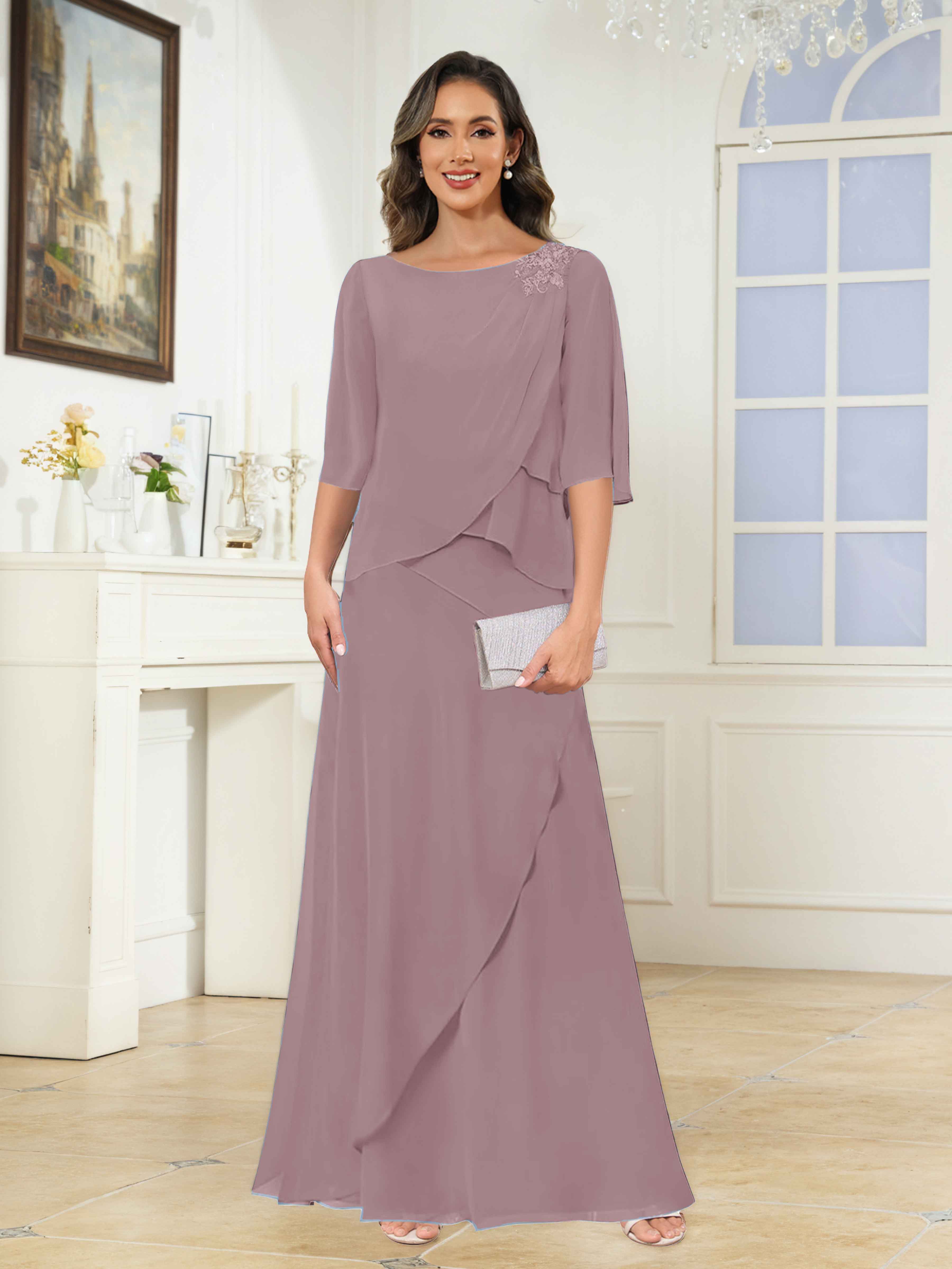 Larkin Flattering Scoop Tiered Appliques Floor Length Chiffon Mother of the Bride Dresses