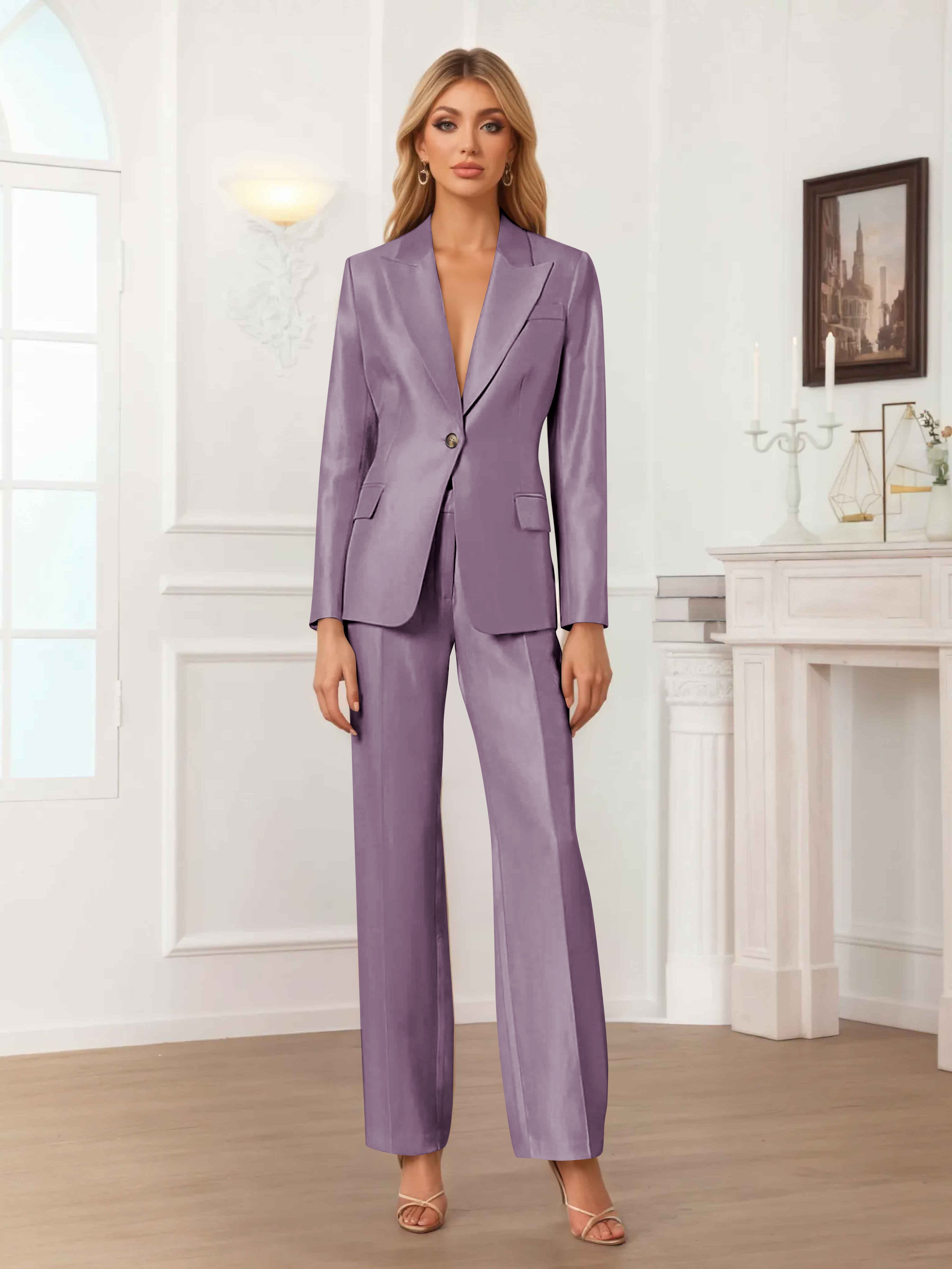 Women's 2 Pieces Peak Lapel One-Button Satin Formal Suit Set