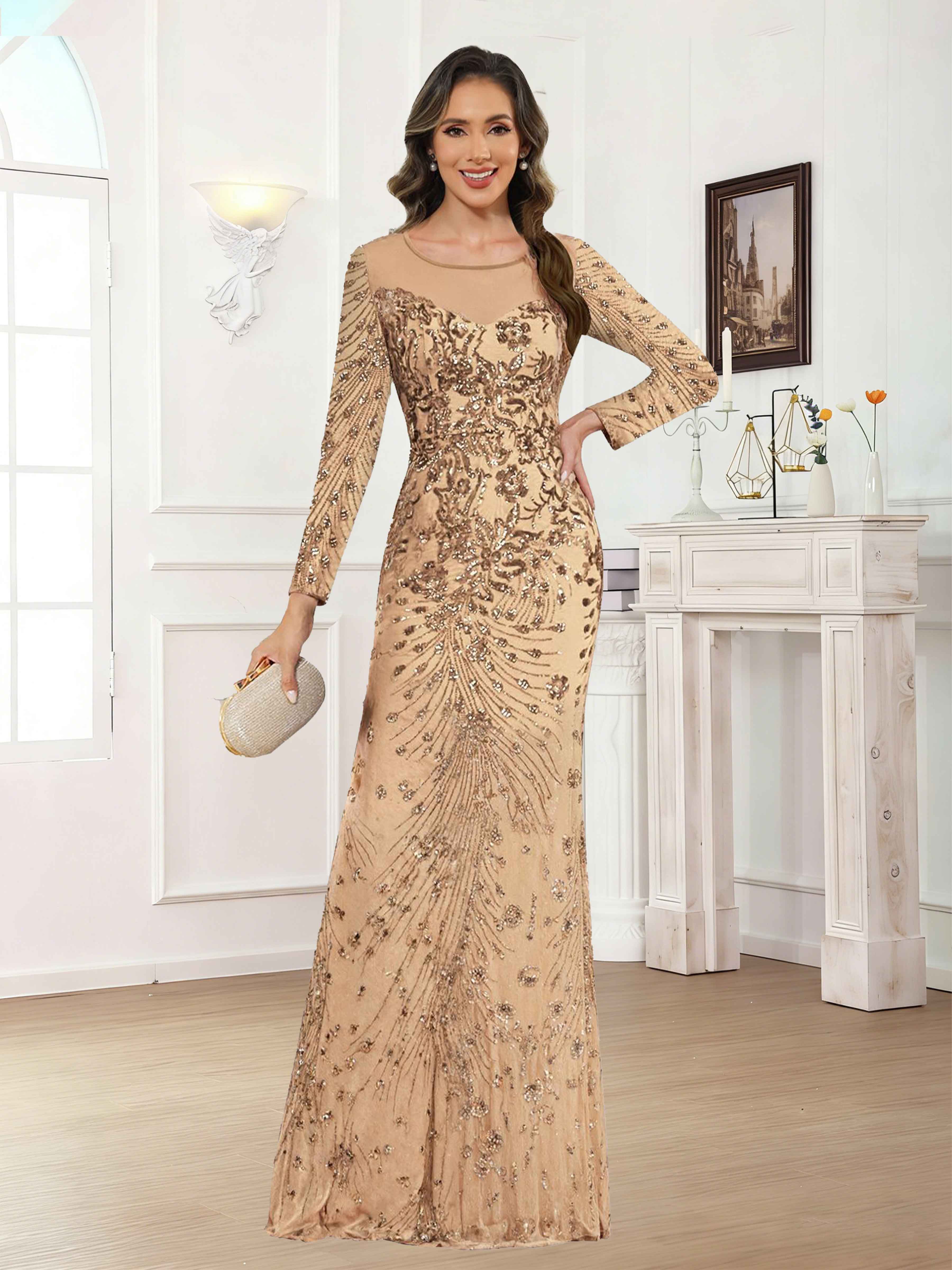 green emerald velvet dress Trumpet-Mermaid Maxi Sequined Mother of The Bride Dress COCOMELODY CM0286, Dusty Rose