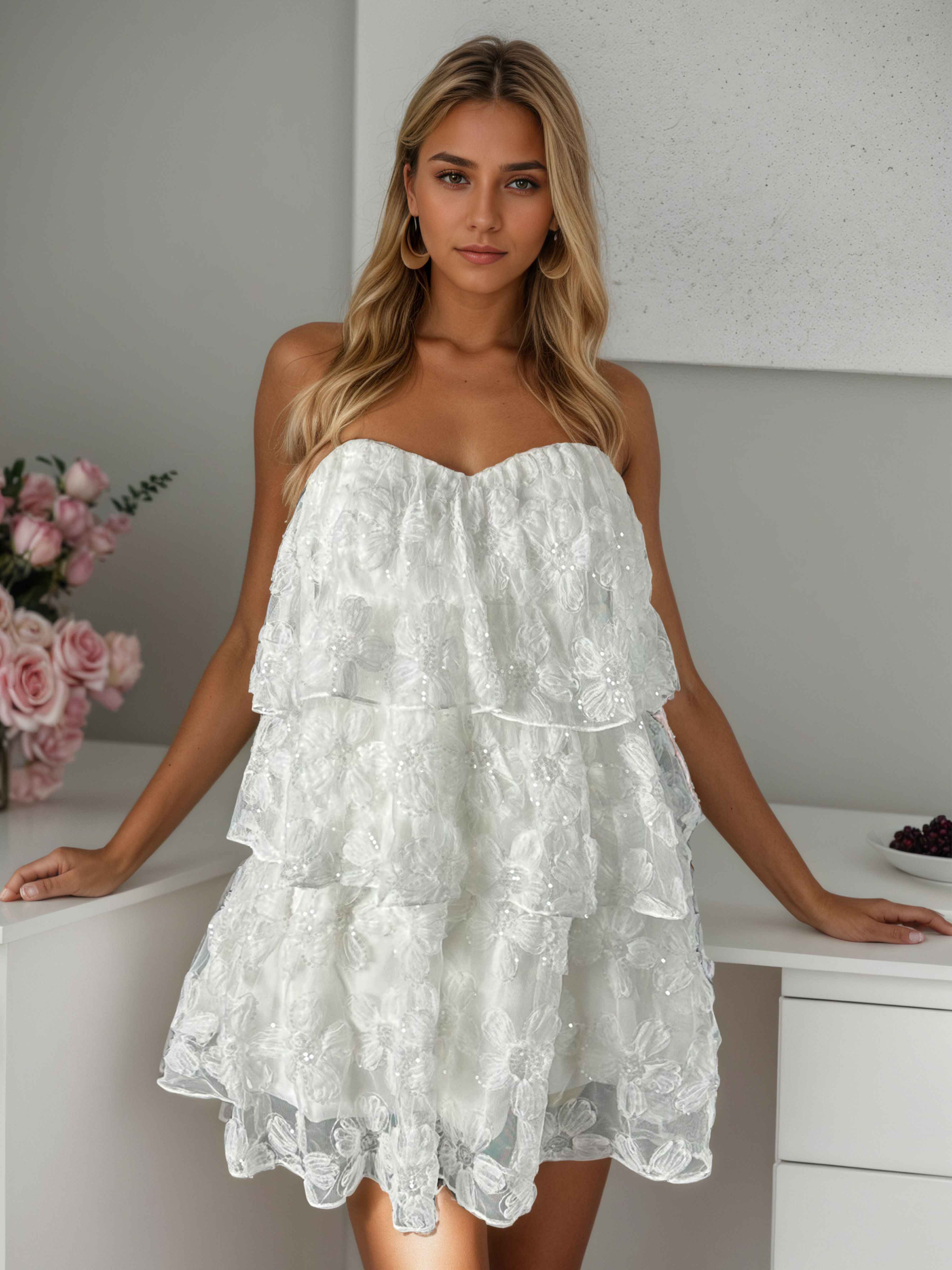 White A-Line Strapless Tiered Floral Sequin Mini Dress