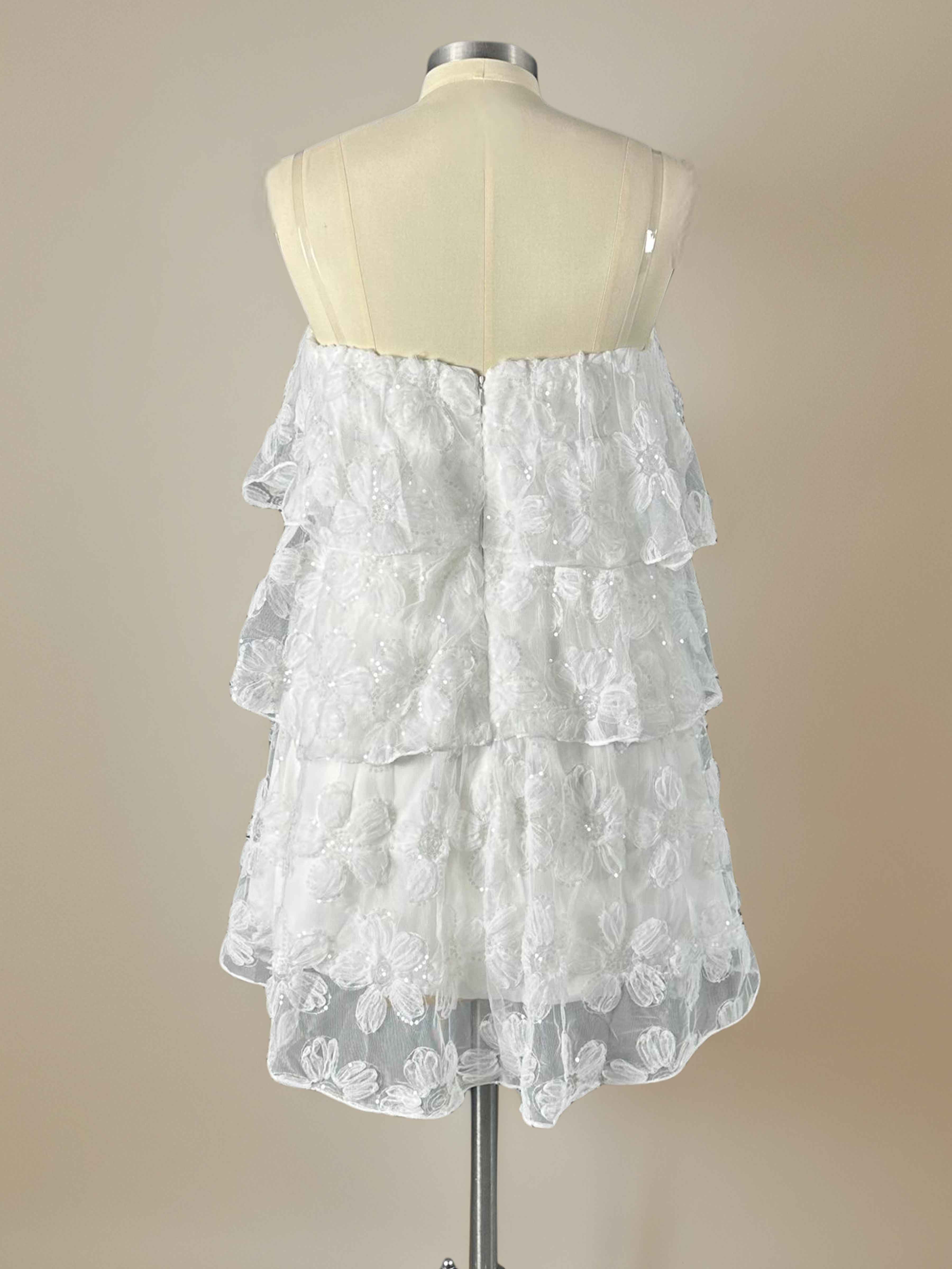 White A-Line Strapless Tiered Floral Sequin Mini Dress