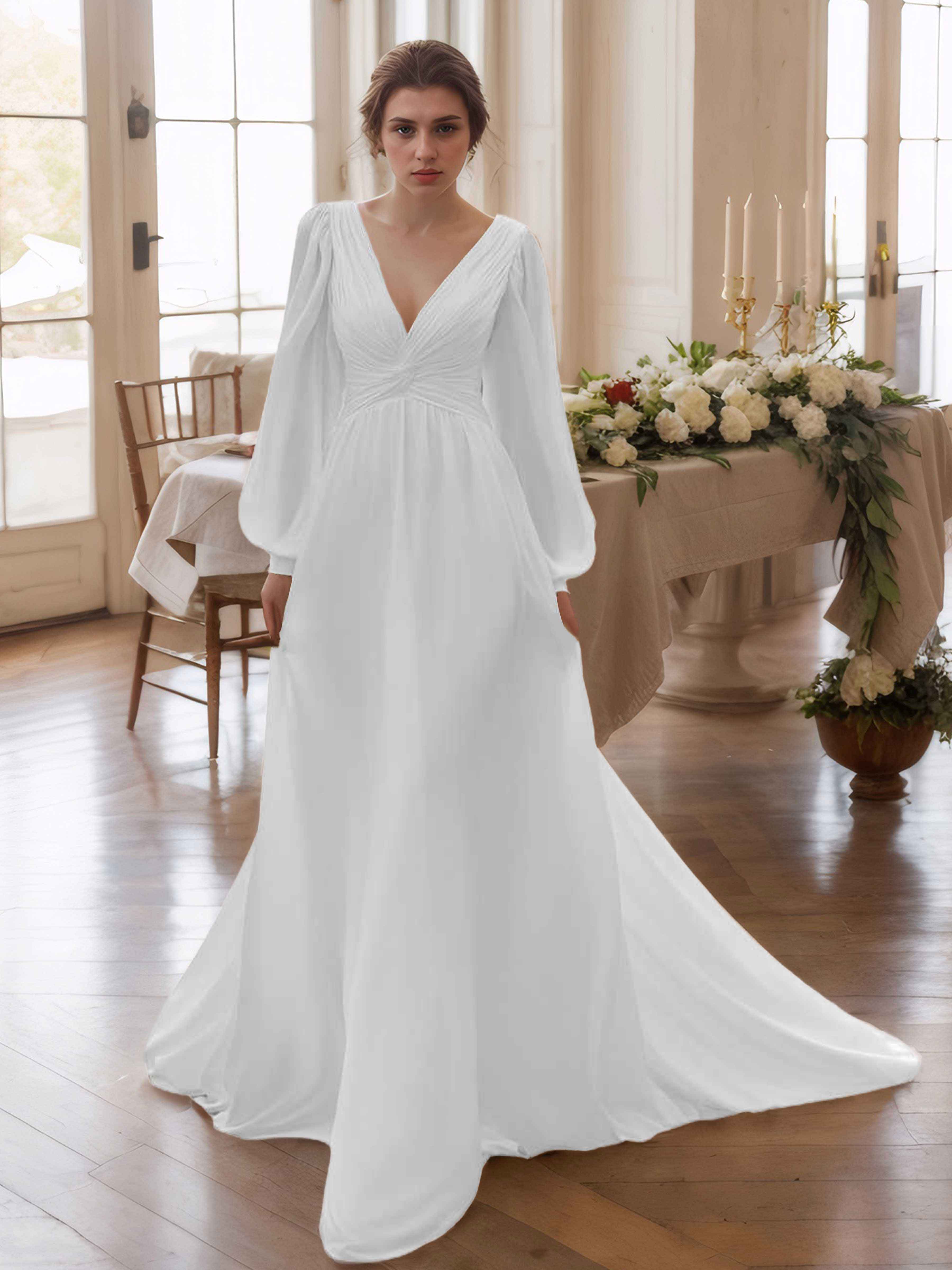 Cheyenne Graceful V Neck Long Sleeves Chiffon Wedding Dress